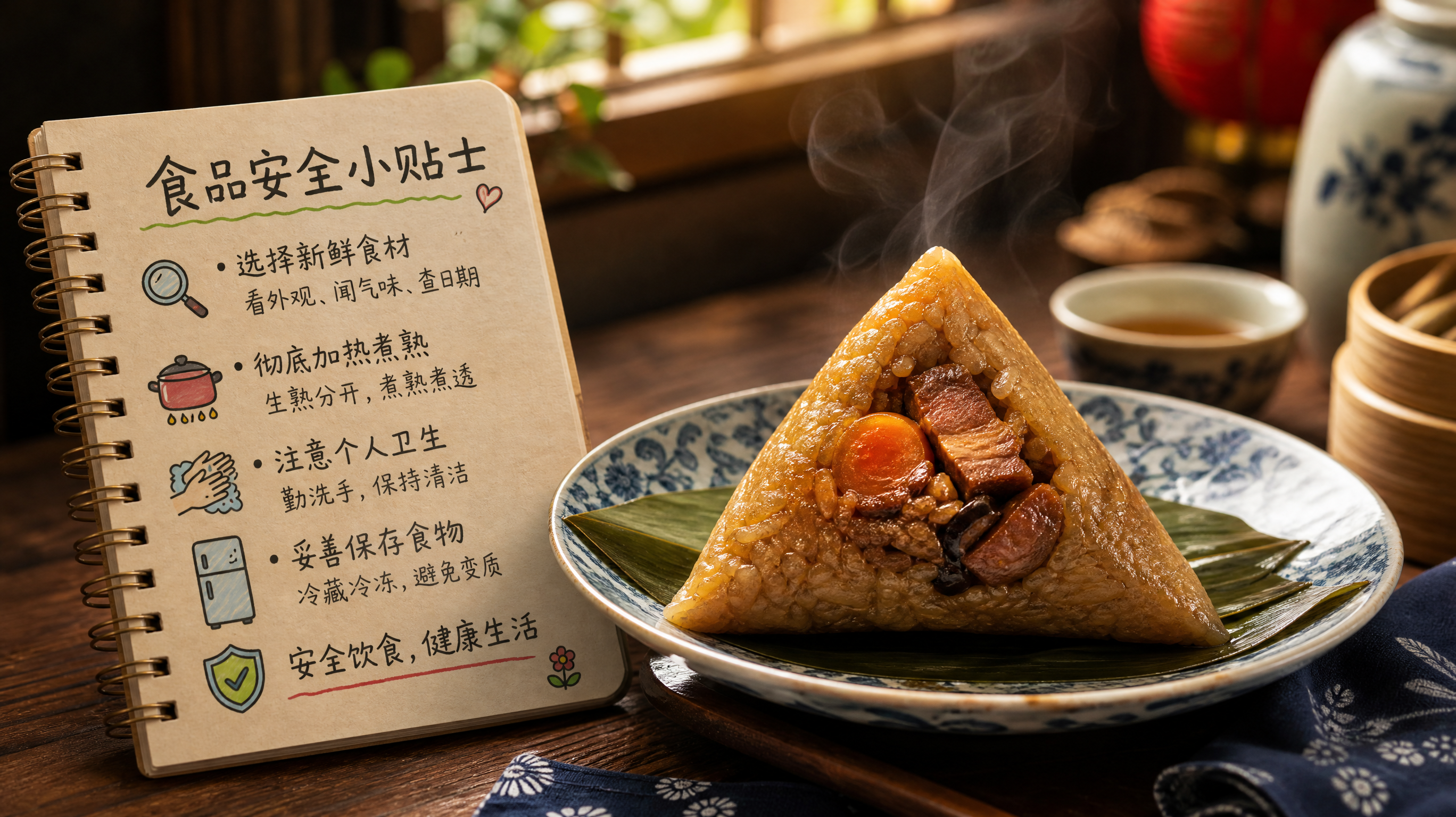A steaming hot Chinese Zongzi (sticky rice dumpling) on a beautiful ceramic plate, placed on a wooden table. Next to it is a cute, hand-drawn style notebook with bullet points about food safety. Cozy indoor lighting, warm tones, food photography, highly detailed, 8k resolution. --ar 3:4