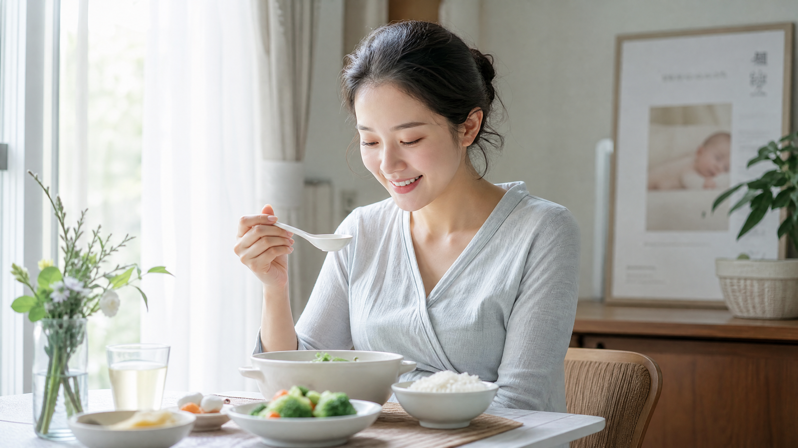 A young Chinese mother sitting at a dining table, looking relieved and happy while eating a light, healthy postpartum meal. Soft natural morning light, cozy home environment. Japanese cool-toned photography style, highly detailed, cinematic lighting, 8k, photorealistic.