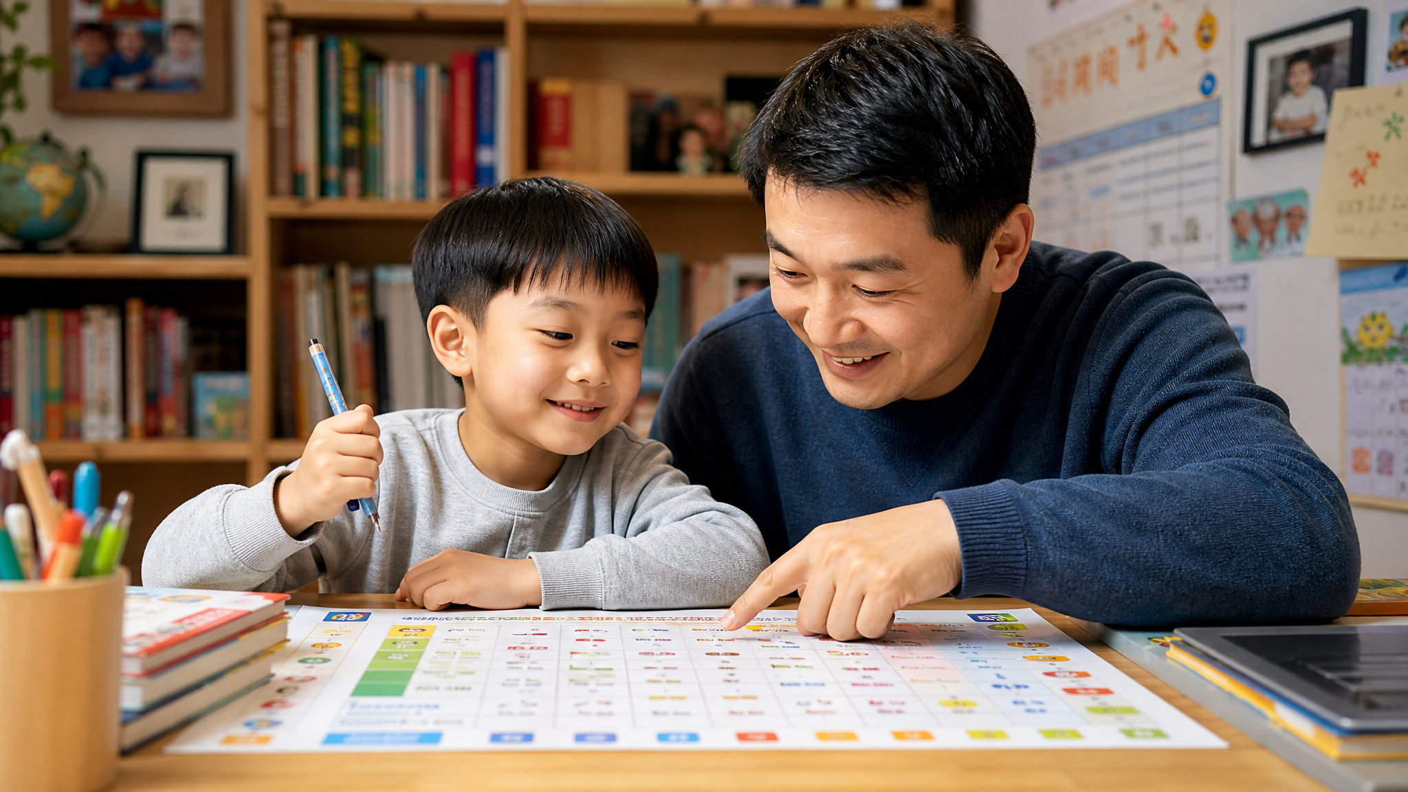 A Chinese father and his 6-year-old son sitting at