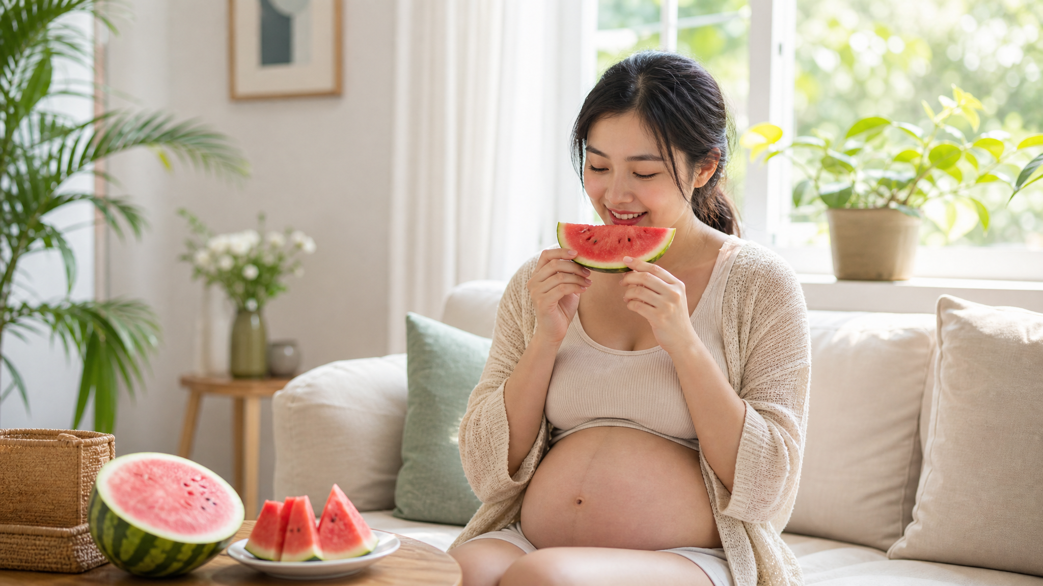 A beautiful Chinese pregnant woman sitting in a bright, cozy living room in summer, happily eating a slice of fresh watermelon. Sunlight streaming through the window, warm and fresh tones, realistic photography, highly detailed, 8k resolution, soft lighting, cinematic feel.