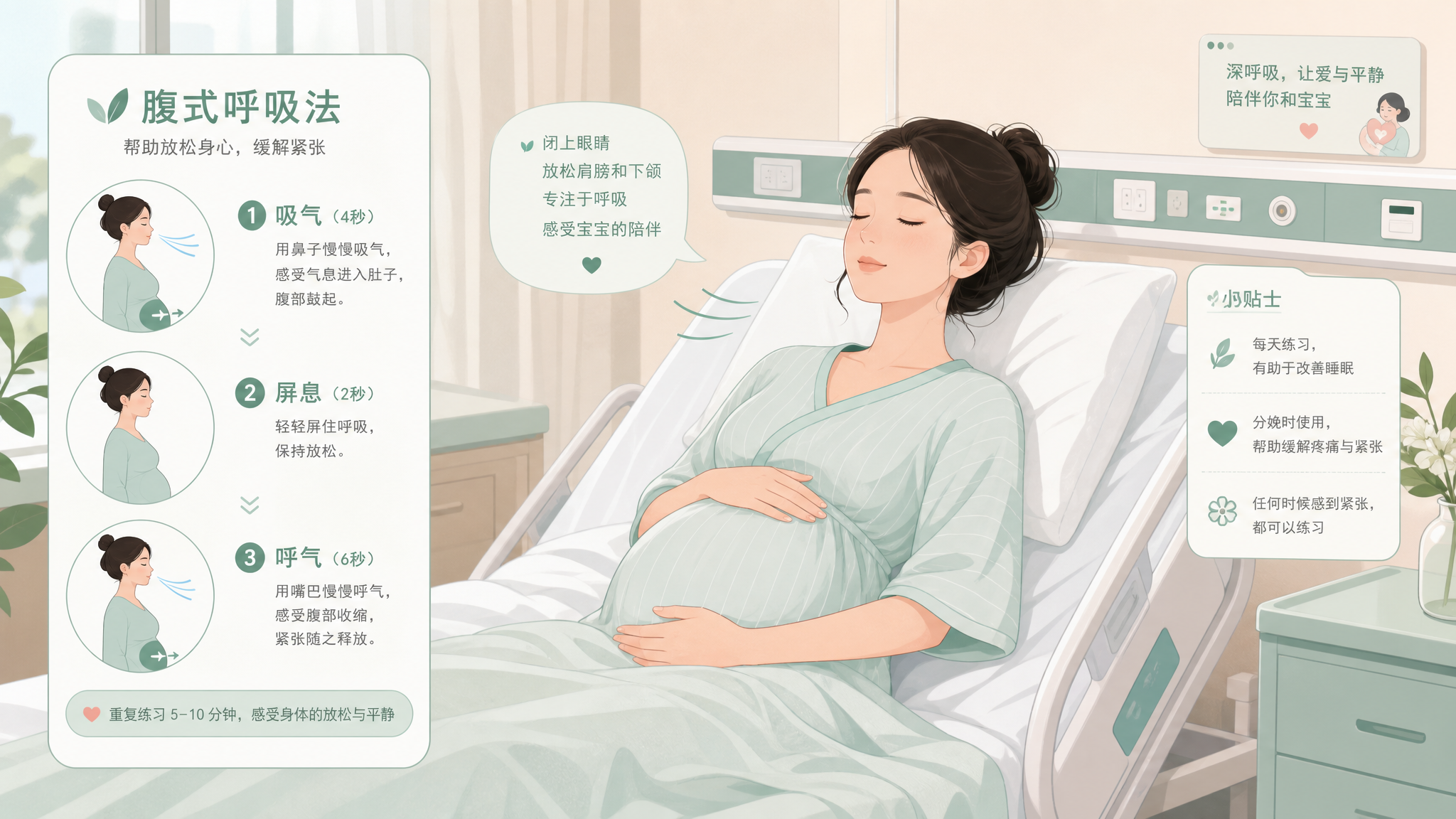 An aesthetic and gentle illustration of a Chinese pregnant woman practicing breathing techniques in a hospital bed. She is closing her eyes peacefully, relaxing her shoulders and jaw. Soft pastel color palette with medical green accents, flat illustration style, clean lines, comforting and educational vibe, UI design aesthetic.