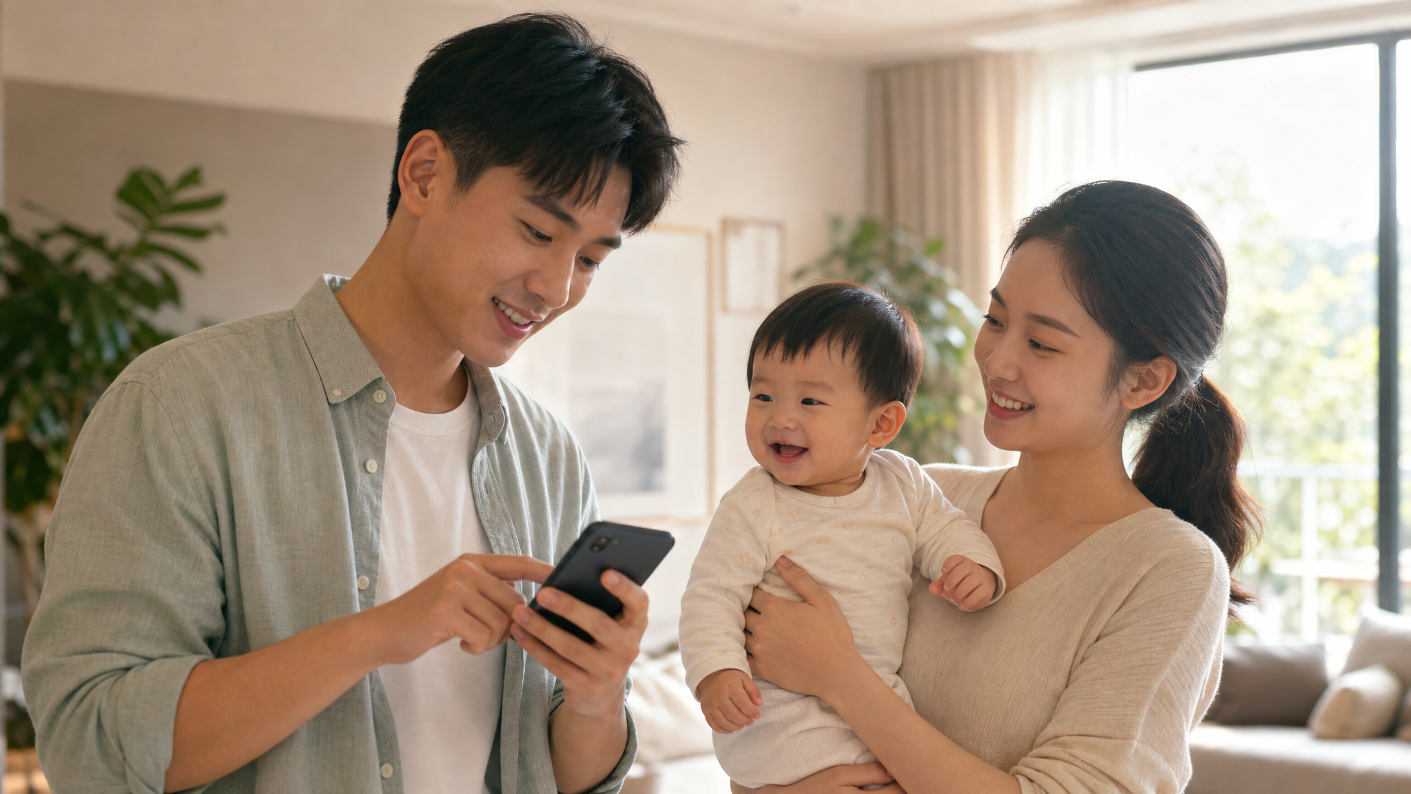 A heartwarming photorealistic image of a young Chinese couple in a bright living room. The handsome father is holding a smartphone setting calendar reminders, while the beautiful mother is holding a smiling Chinese baby. Warm sunlight shining through the window, happy and reassuring atmosphere, highly detailed, 8k, Unreal Engine 5 render style.