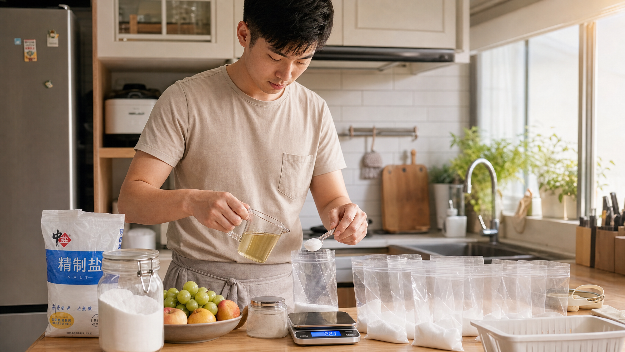 A caring young Chinese father in a bright, modern kitchen, carefully using a digital kitchen scale to measure salt into small transparent bags, holding a measuring cup for oil. Cozy home atmosphere, soft warm sunlight, highly detailed, medium shot, photorealistic, 8k.