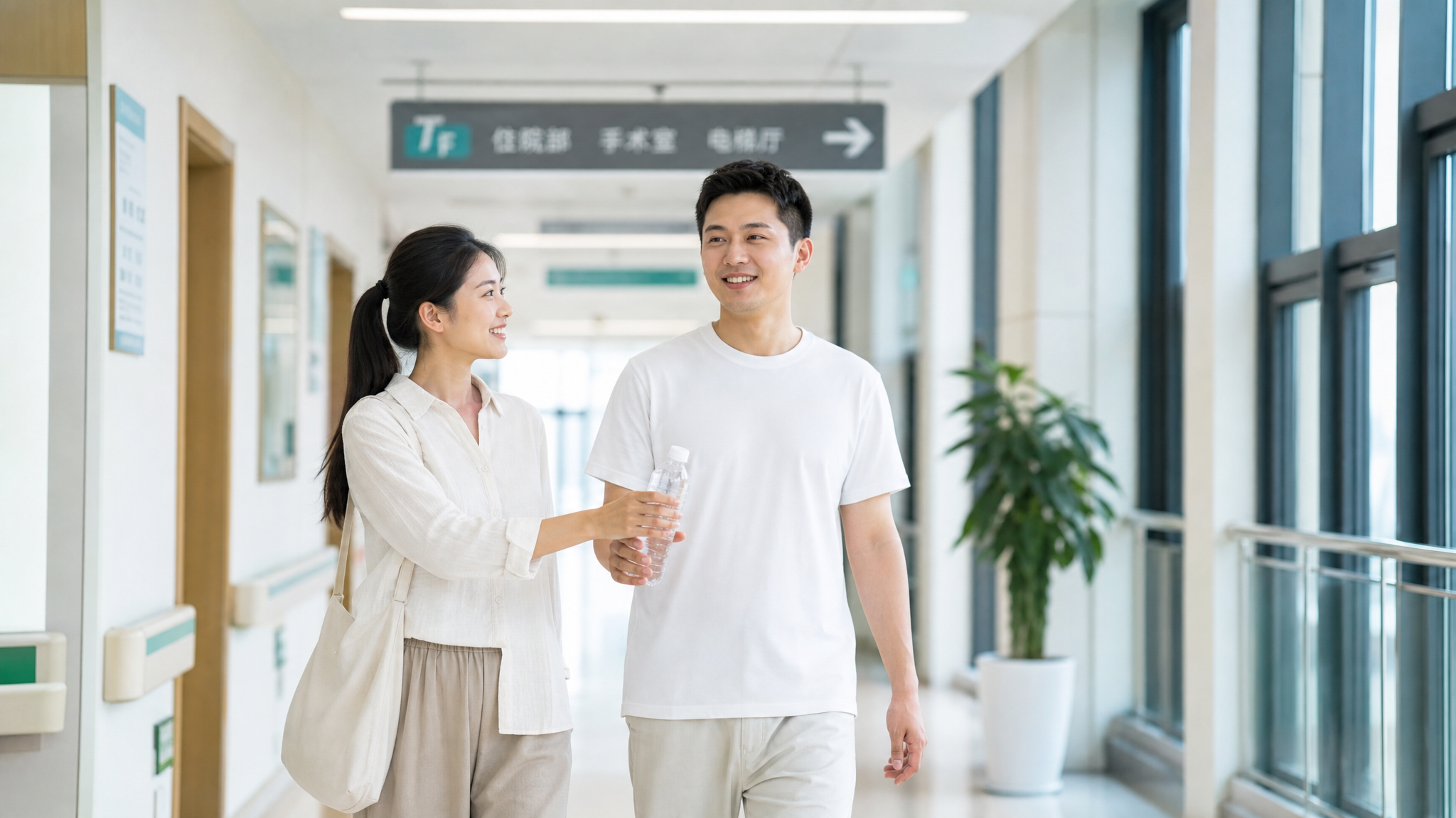 A young Chinese husband and wife walking together in a modern, clean hospital corridor, the wife is handing a bottle of water to her husband with a supportive smile, the husband is wearing light summer clothes and looks confident, bright and airy environment, realistic photography, highly detailed --ar 4:3
