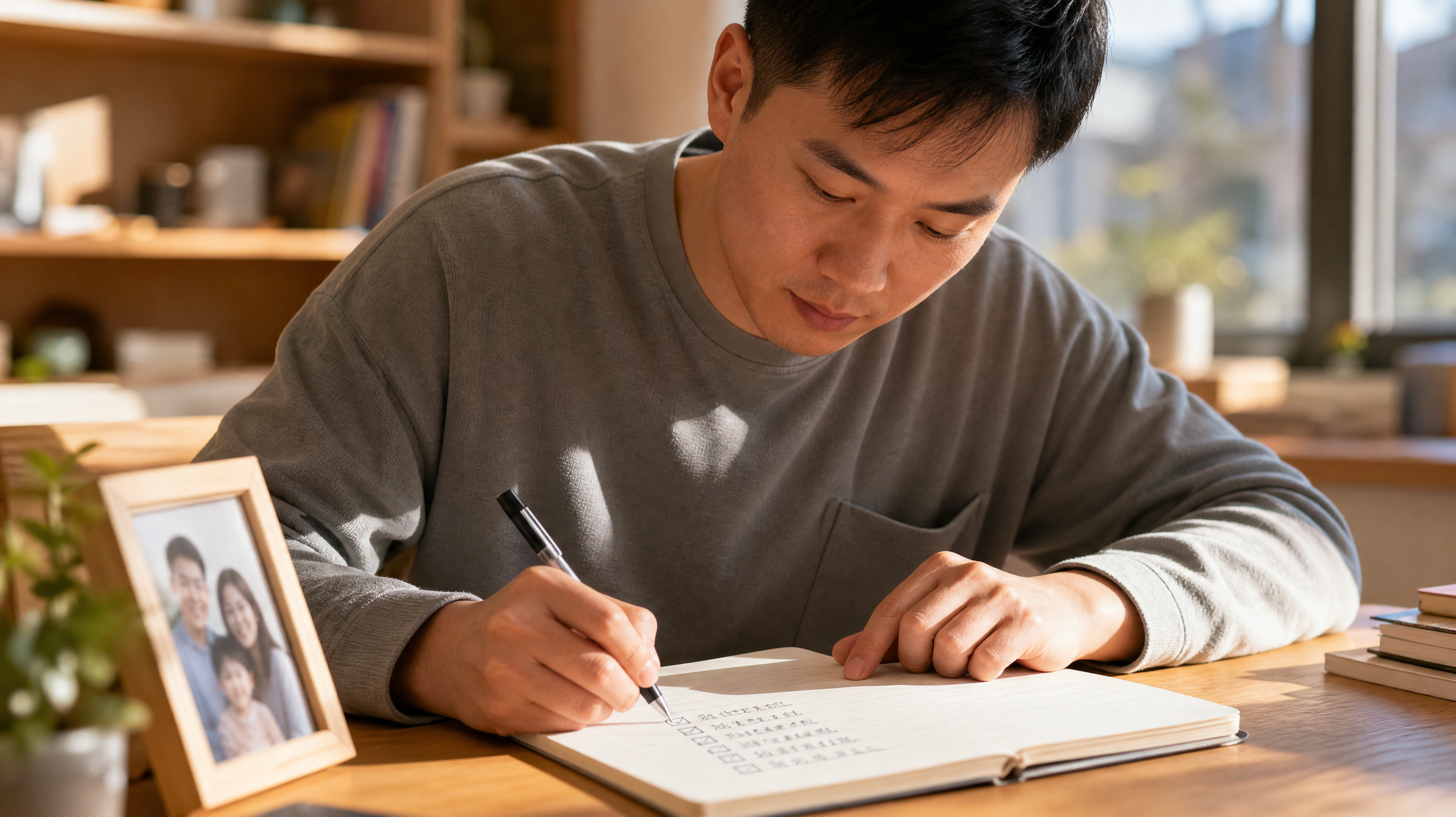 A close-up shot of a young Chinese father sitting 