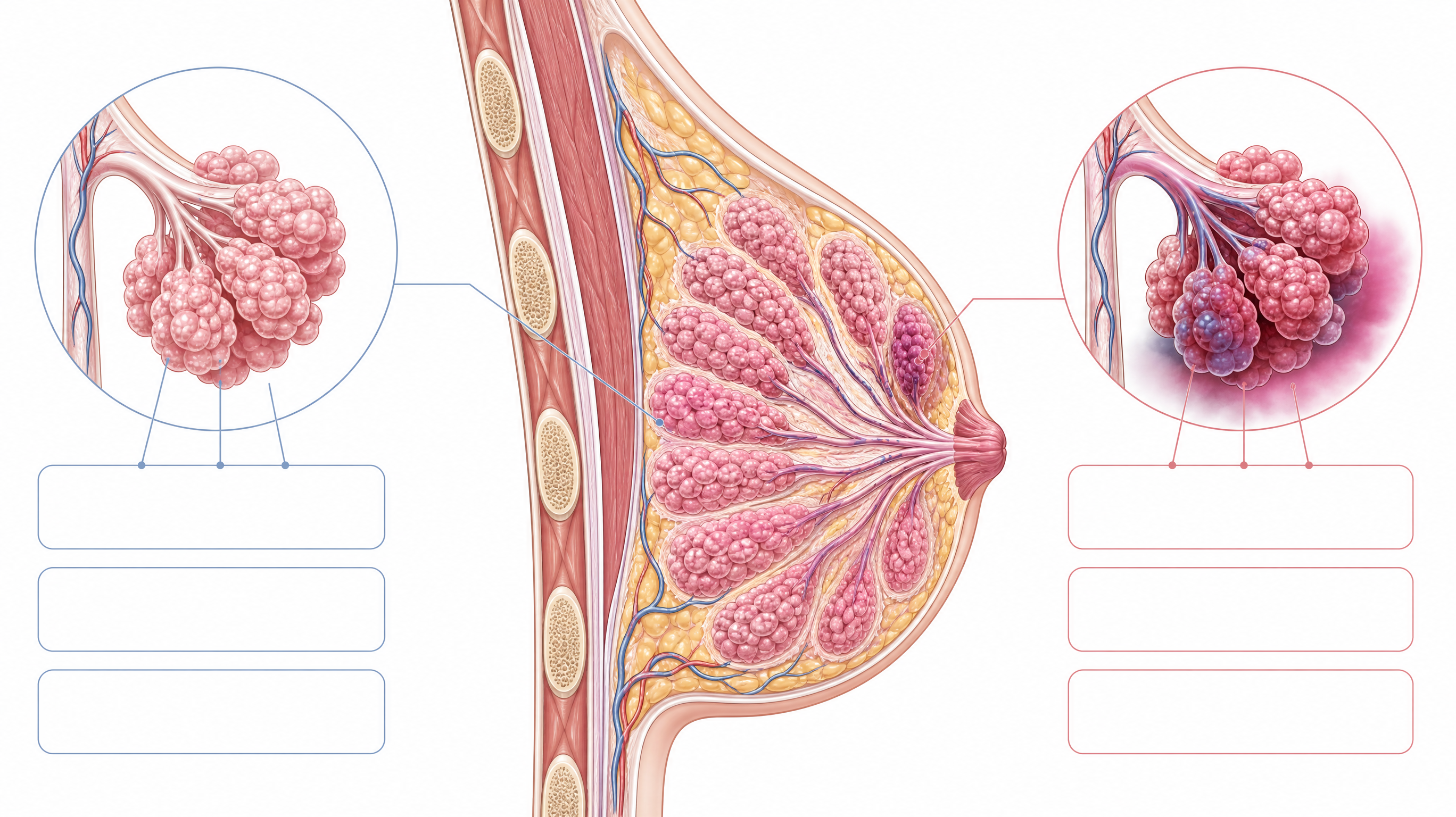 A highly detailed, clean medical illustration showing the anatomy of a female breast, comparing the mammary glands to a bunch of grapes in a radial pattern. The diagram uses soft pink and blue tones, with clear visual contrast showing healthy glands versus swollen/bruised tissue caused by violent pressing. Infographic style, professional, minimalist, high quality. --ar 16:9
