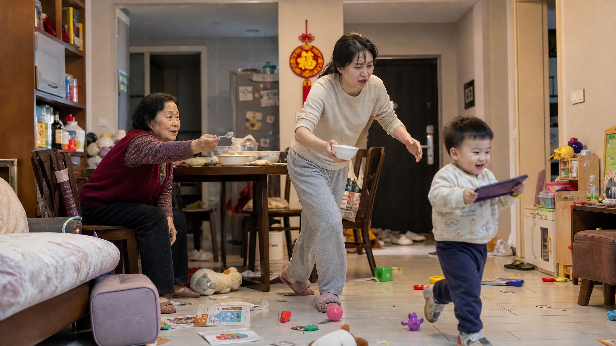 A realistic photography of a chaotic dining scene 