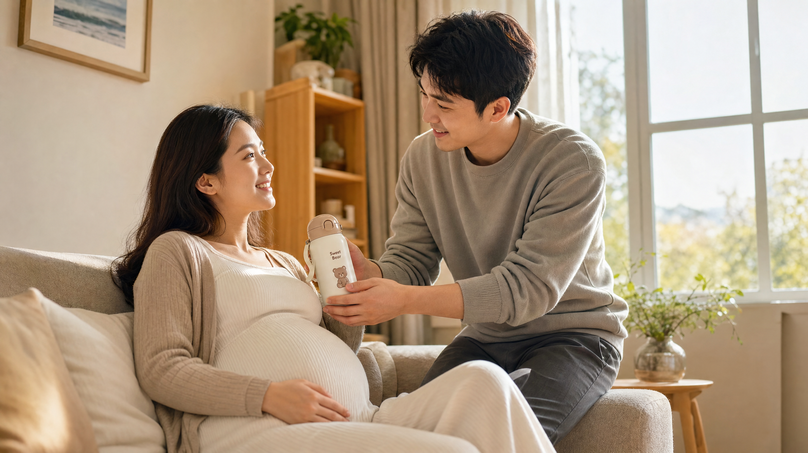 A caring young Chinese husband handing a cute ther