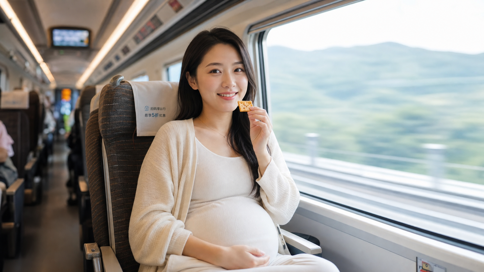 A beautiful young Chinese pregnant woman sitting on a modern high-speed train, aisle seat, wearing comfortable travel clothes, smiling and eating a small piece of soda cracker. Bright and natural lighting, cinematic composition, high resolution, photorealistic, Midjourney v6. --ar 3:4