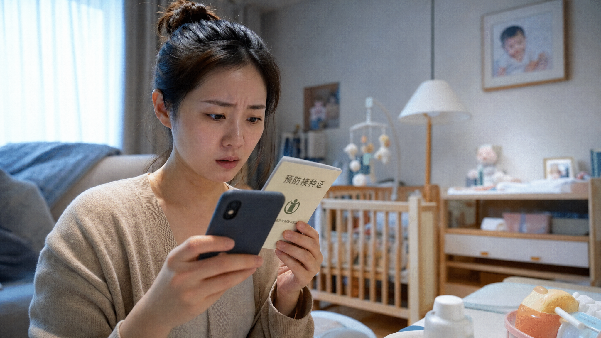 A highly detailed, realistic photo of an anxious young Chinese mother holding a baby vaccination booklet and looking closely at a smartphone calendar, soft indoor lighting, cozy modern nursery room background, cinematic lighting, 8k resolution, photorealistic, Midjourney style.