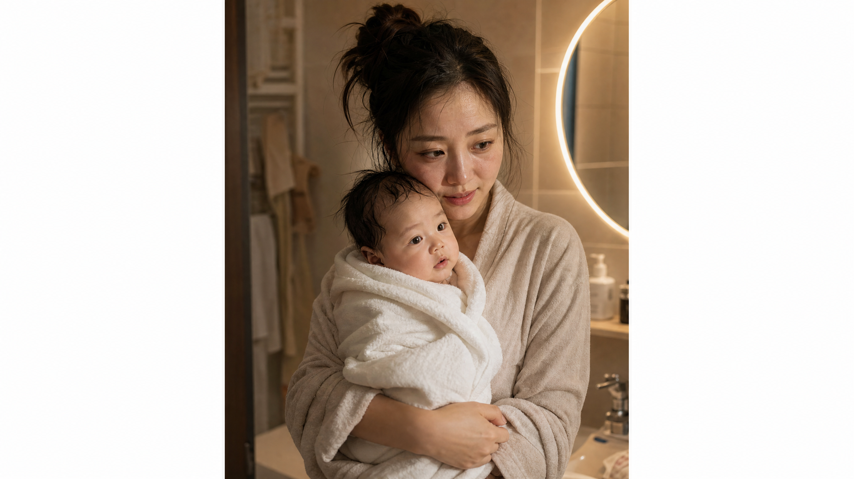 A Chinese young mother holding her baby in a cozy, softly lit bathroom, looking slightly overwhelmed but loving. The baby is wrapped in a soft white towel. Cinematic lighting, photorealistic, 8k resolution, warm tones, gentle atmosphere. --ar 3:4