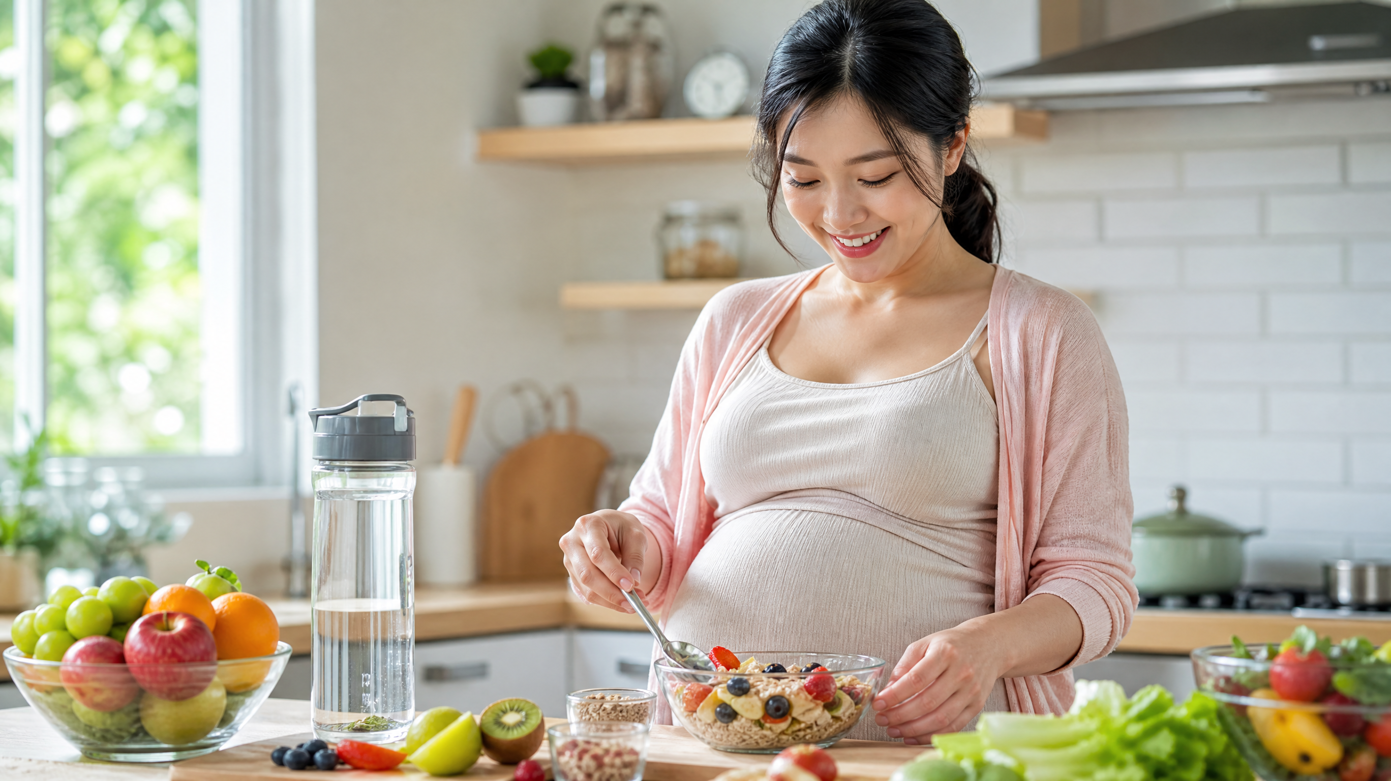 A smiling Chinese pregnant woman, wearing comforta