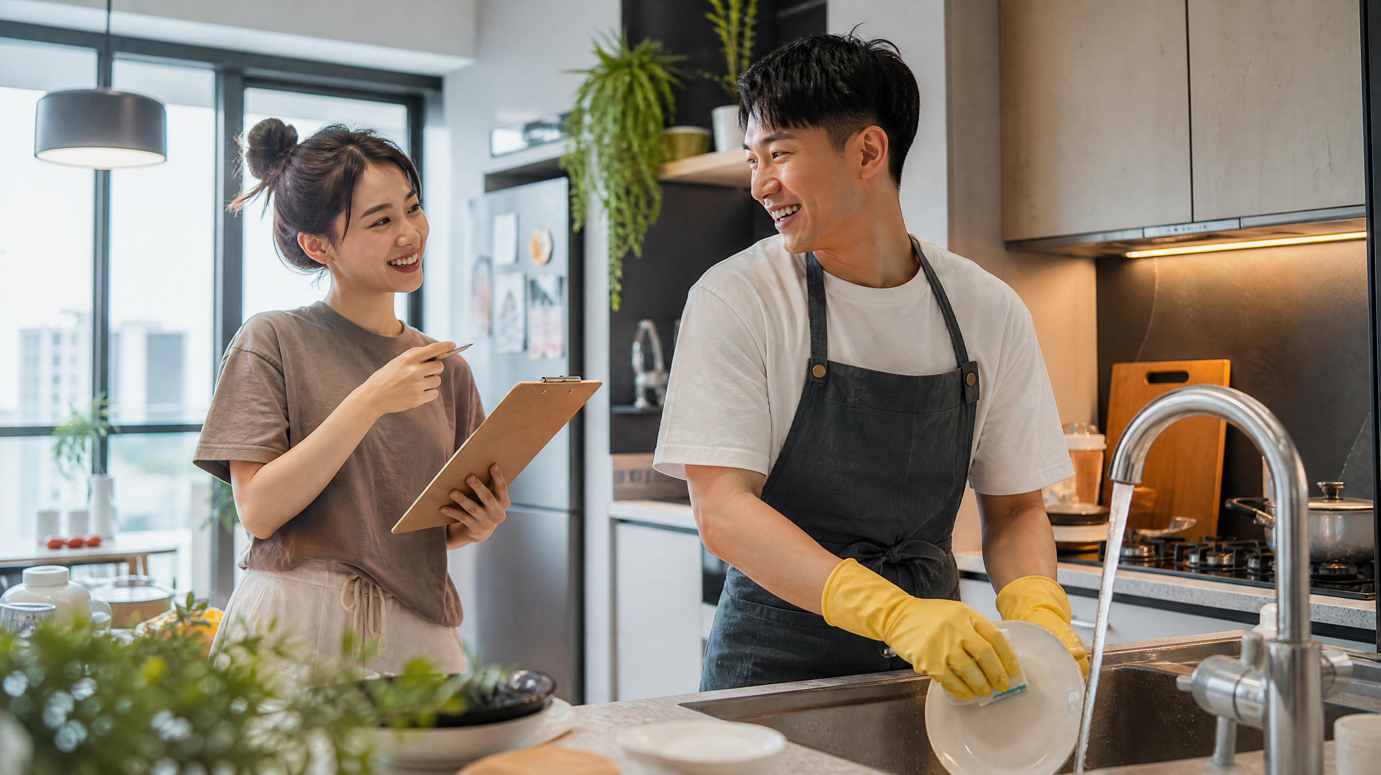 A heartwarming scene of a young Chinese couple hap