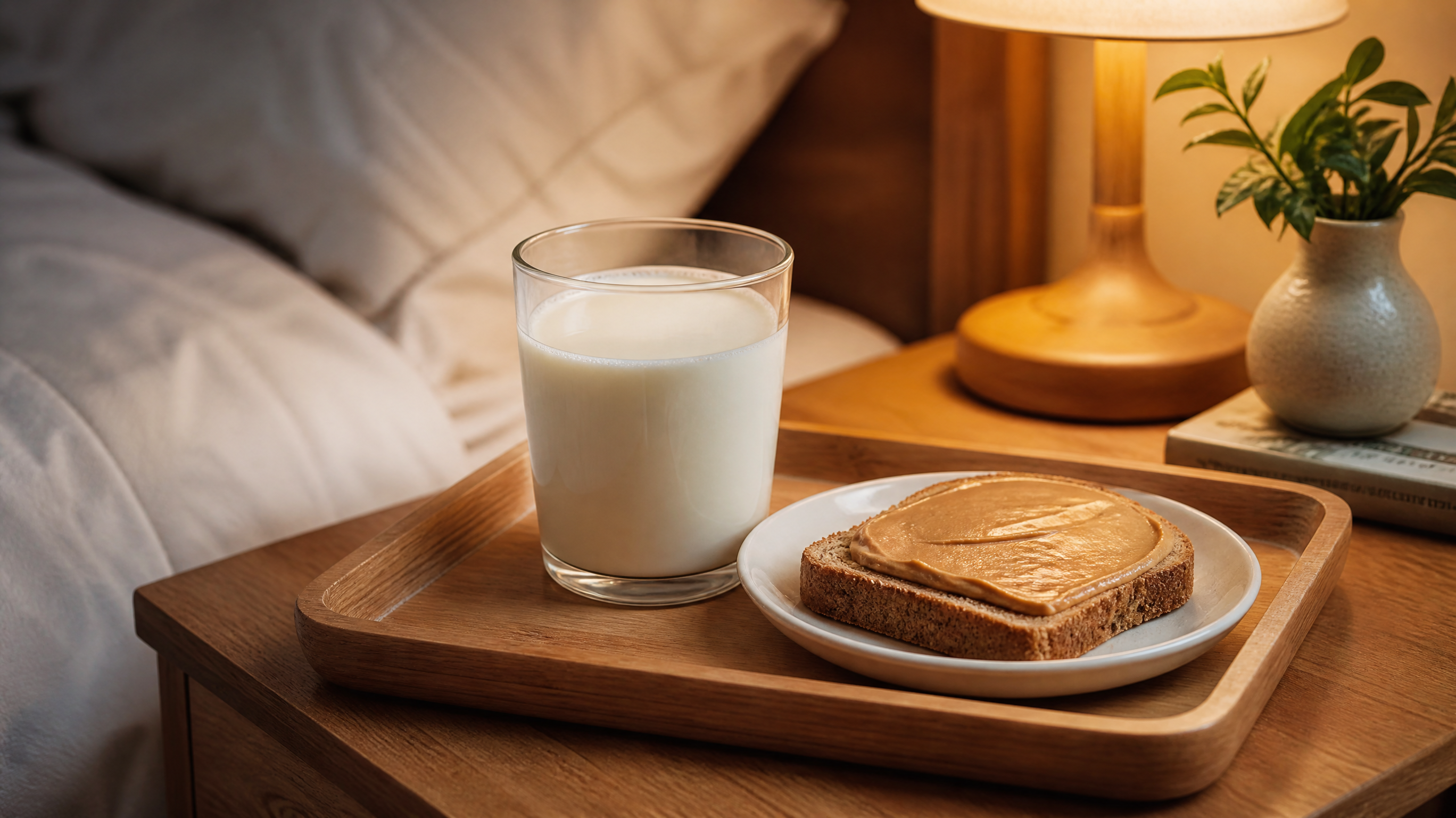 A cozy lifestyle shot. A small wooden tray on a bedside table in a warm bedroom. On the tray: a glass of warm milk and a slice of whole wheat toast with a thin layer of peanut butter. Soft warm lamp light, relaxing and peaceful atmosphere, high quality, photorealistic.