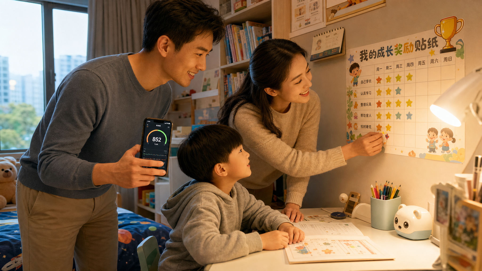 A young Chinese family in a children's room. The Chinese father is holding a smartphone measuring the light level near the desk, while the smiling Chinese mother is putting a reward sticker on a chart for their little boy. Warm family cooperation atmosphere, cinematic lighting, highly detailed, 8k resolution. --ar 16:9