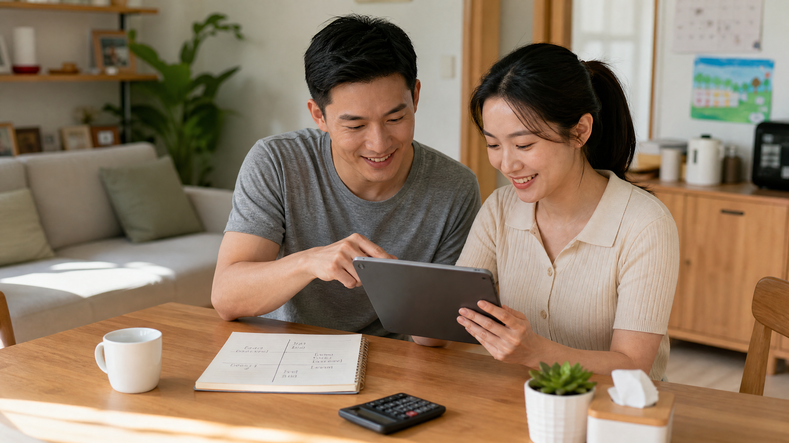 A young Chinese couple sitting at a clean, minimal