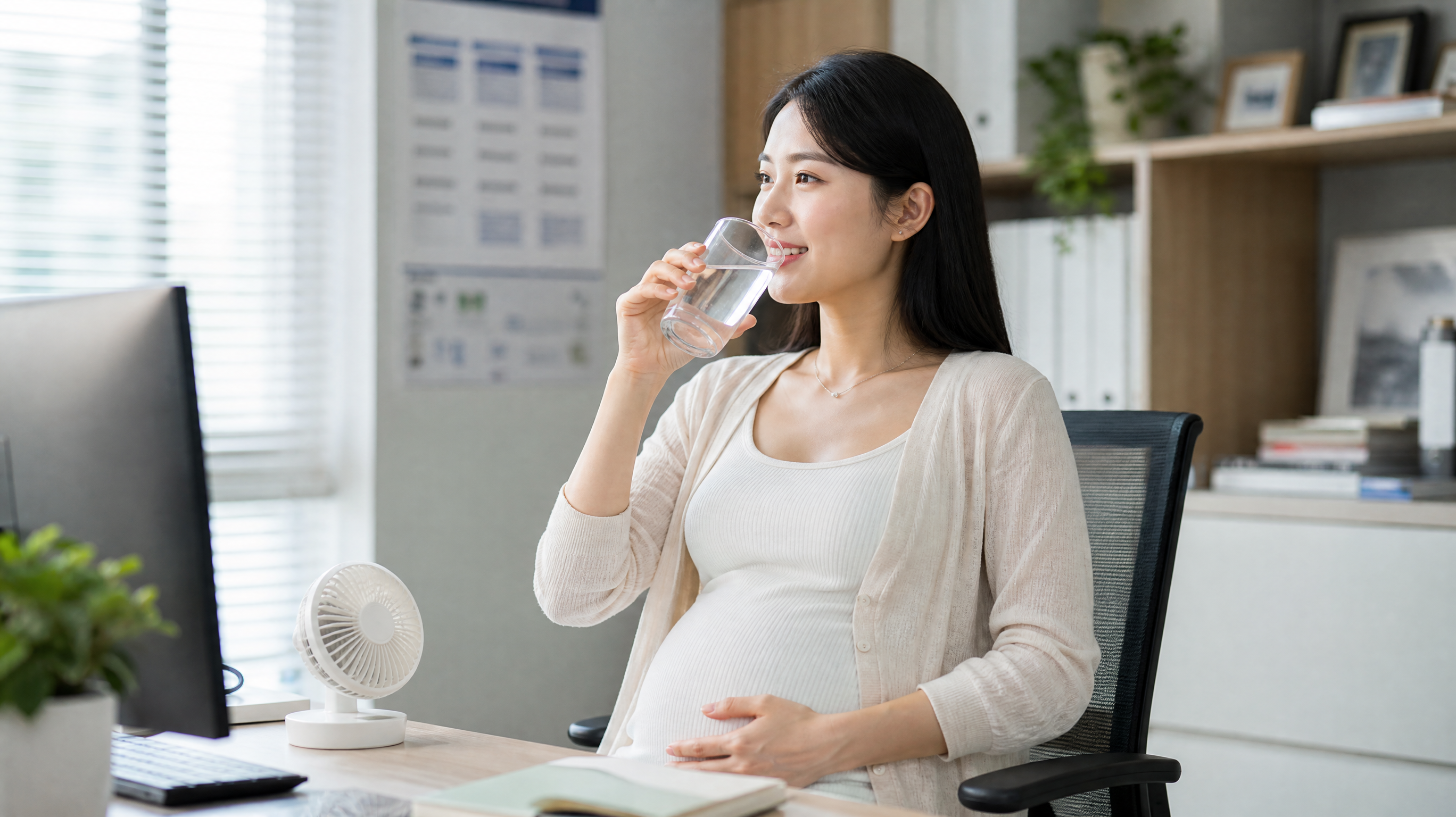 A cozy and bright office scene, a Chinese pregnant woman sitting at her desk, wearing a thin cardigan over her summer clothes to keep warm from the AC. She is smiling and drinking water from a glass. A small plant and a portable fan are on the desk. Soft indoor lighting, professional photography, 8k, realistic style. --ar 3:4