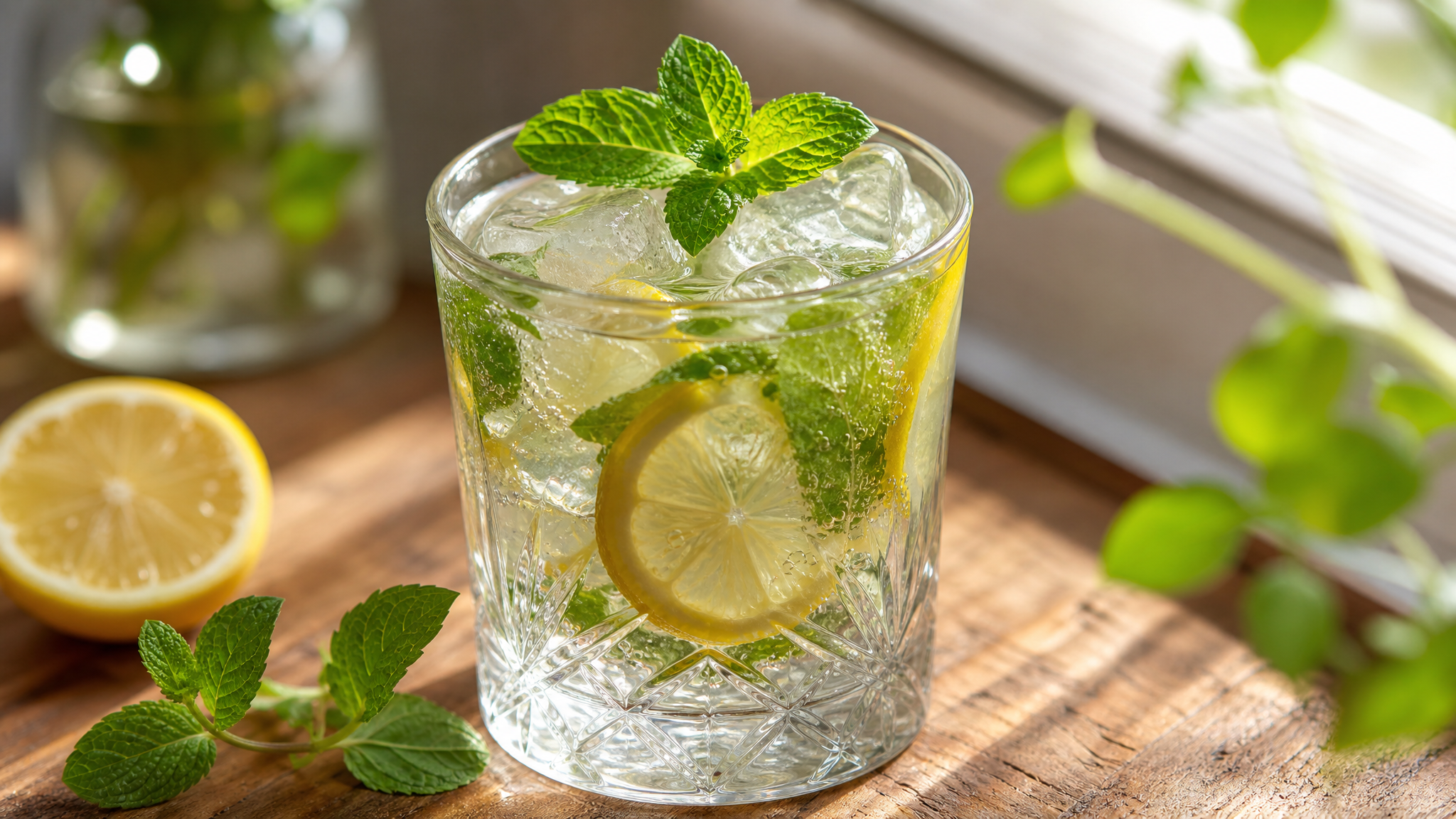 A close-up shot of a beautiful mocktail in a crystal glass, filled with sparkling water, fresh lemon slices, mint leaves, and ice cubes. Placed on a wooden table with soft natural sunlight filtering through a window. Fresh, aesthetic, high resolution, food photography, refreshing vibe. --ar 16:9