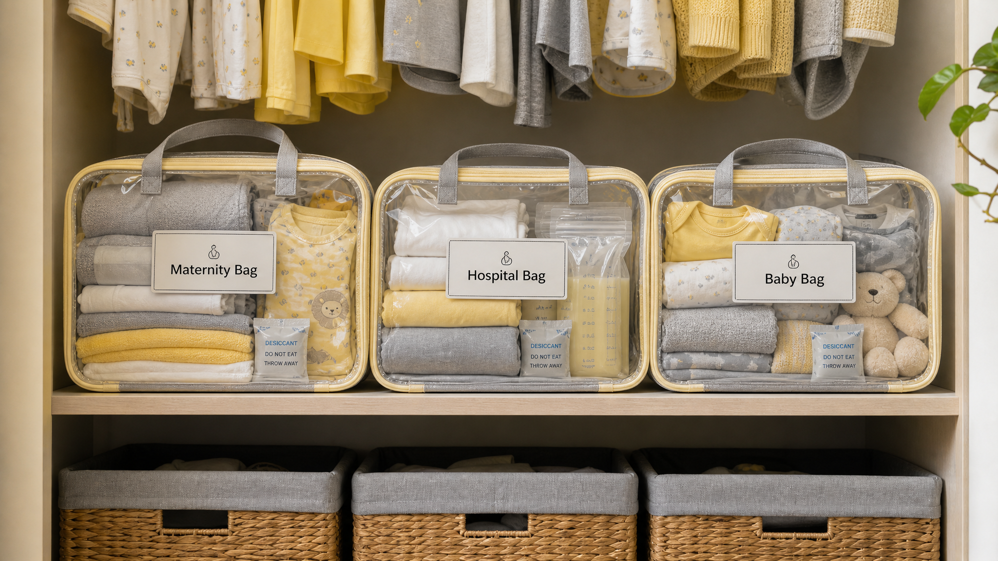 A neat and organized open closet shelf. Three clearly labeled transparent storage bags (Maternity Bag, Hospital Bag, Baby Bag) are neatly arranged. Inside the bags, items like baby clothes and sealed milk storage bags are visible, with small desiccant packets inside. A warm and clean home environment, soft natural light, lemon yellow and misty gray color palette, highly detailed, photorealistic. --ar 16:9