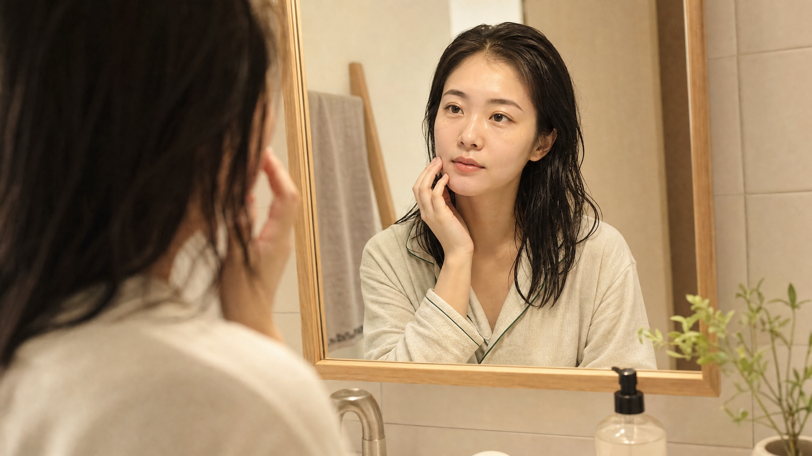 A photorealistic image of a tired but beautiful young Chinese mother looking at herself in a bathroom mirror. She wears a comfortable cotton pajama. The bathroom has warm, soft lighting, Nordic minimalist style. Her hair looks slightly damp. The atmosphere conveys a sense of seeking self-care and refreshment, high resolution, 8k, cinematic lighting, shot on 35mm lens.