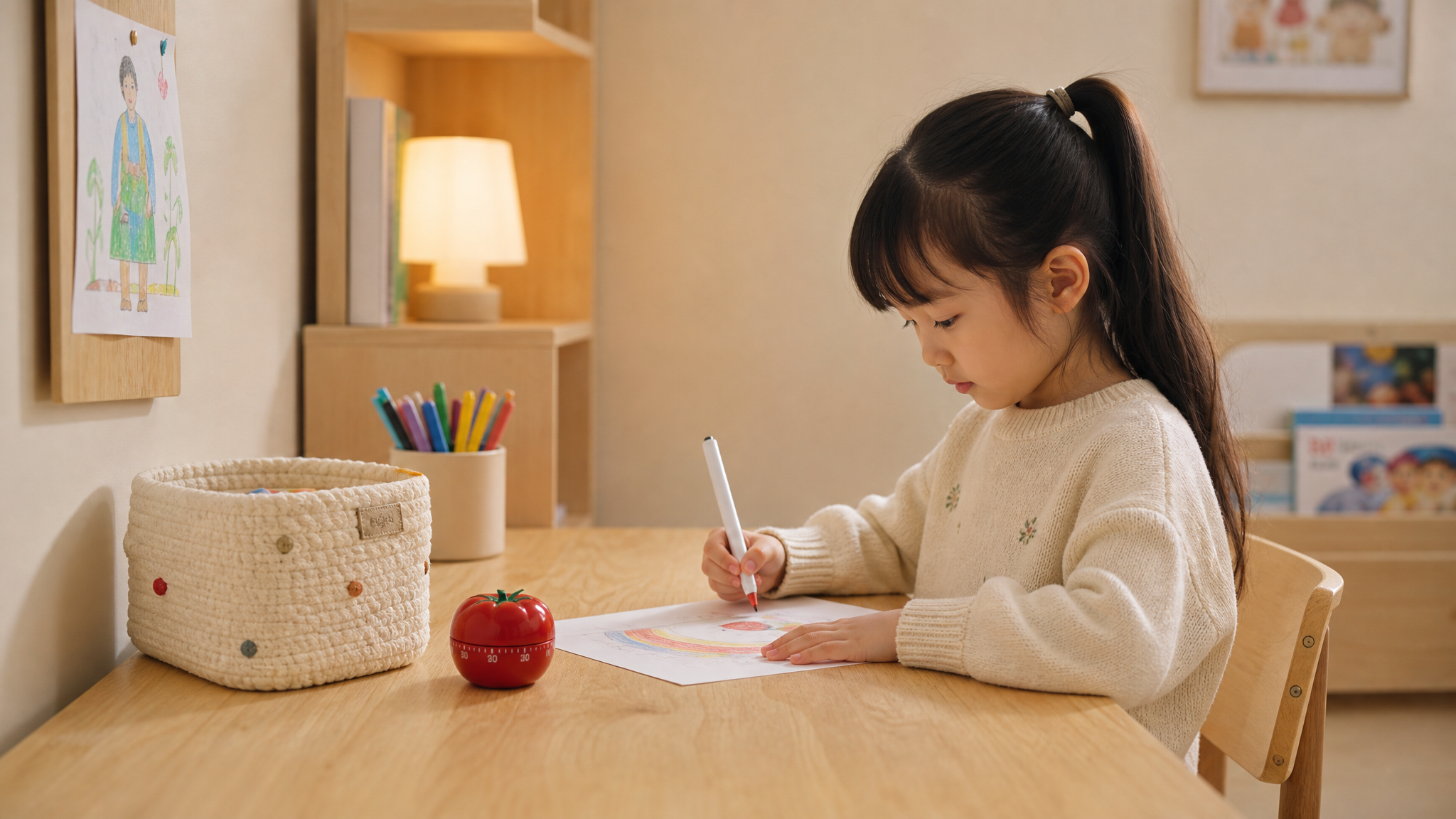 A minimalist children's study corner. A wooden desk with only a storage basket, colored pens, paper, and a cute tomato timer. A 7-year-old Chinese girl sits quietly at the desk drawing, with her back to the window. Bright and soft lighting, no extra clutter, warm and cozy atmosphere. Interior photography, highly detailed, 8k. --ar 4:3