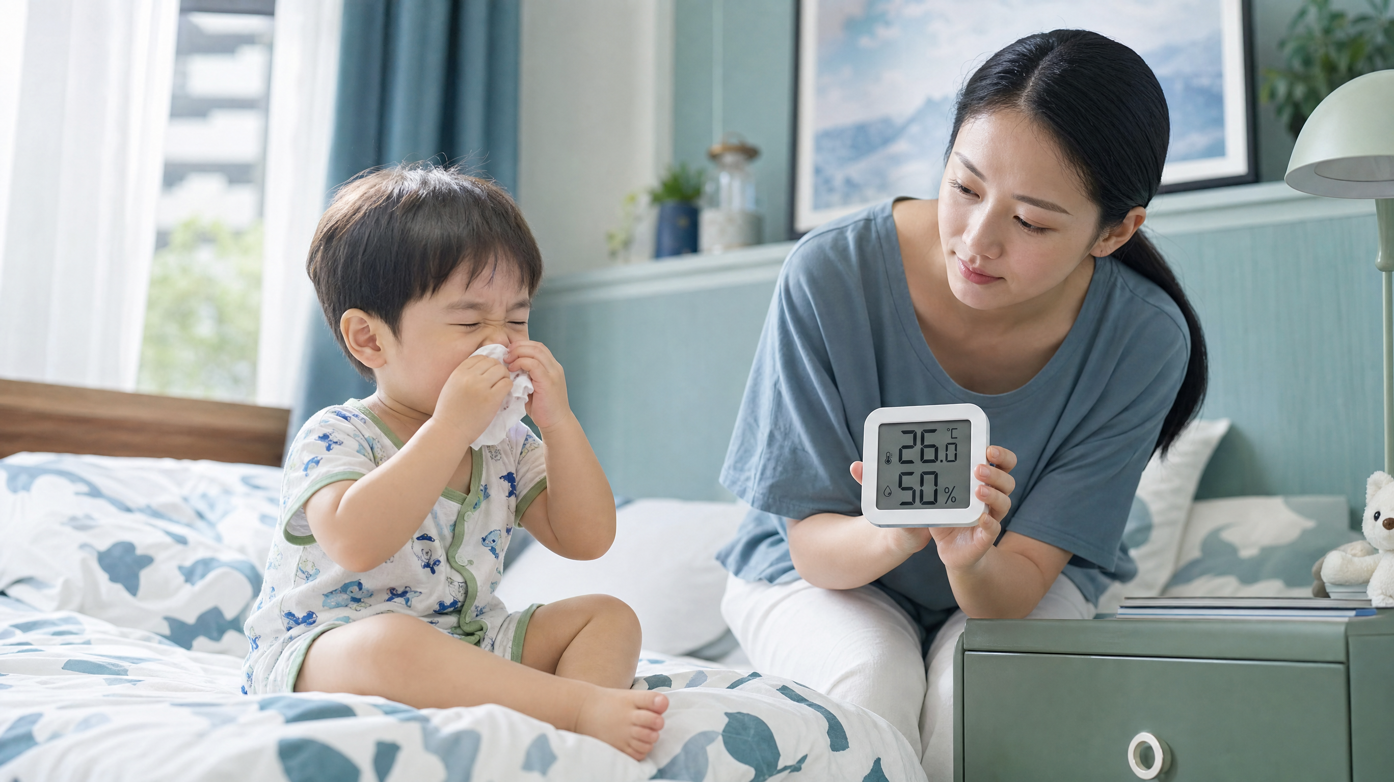 A cute Chinese toddler sitting in a cozy bedroom, wearing light summer pajamas, sneezing slightly. A young Chinese mother is checking a digital hygrometer showing 26 degrees Celsius and 50% humidity. Soft cool blue and green tones, bright and clean lighting, photorealistic, high quality, 8k resolution, shot with an 85mm lens. --ar 3:4