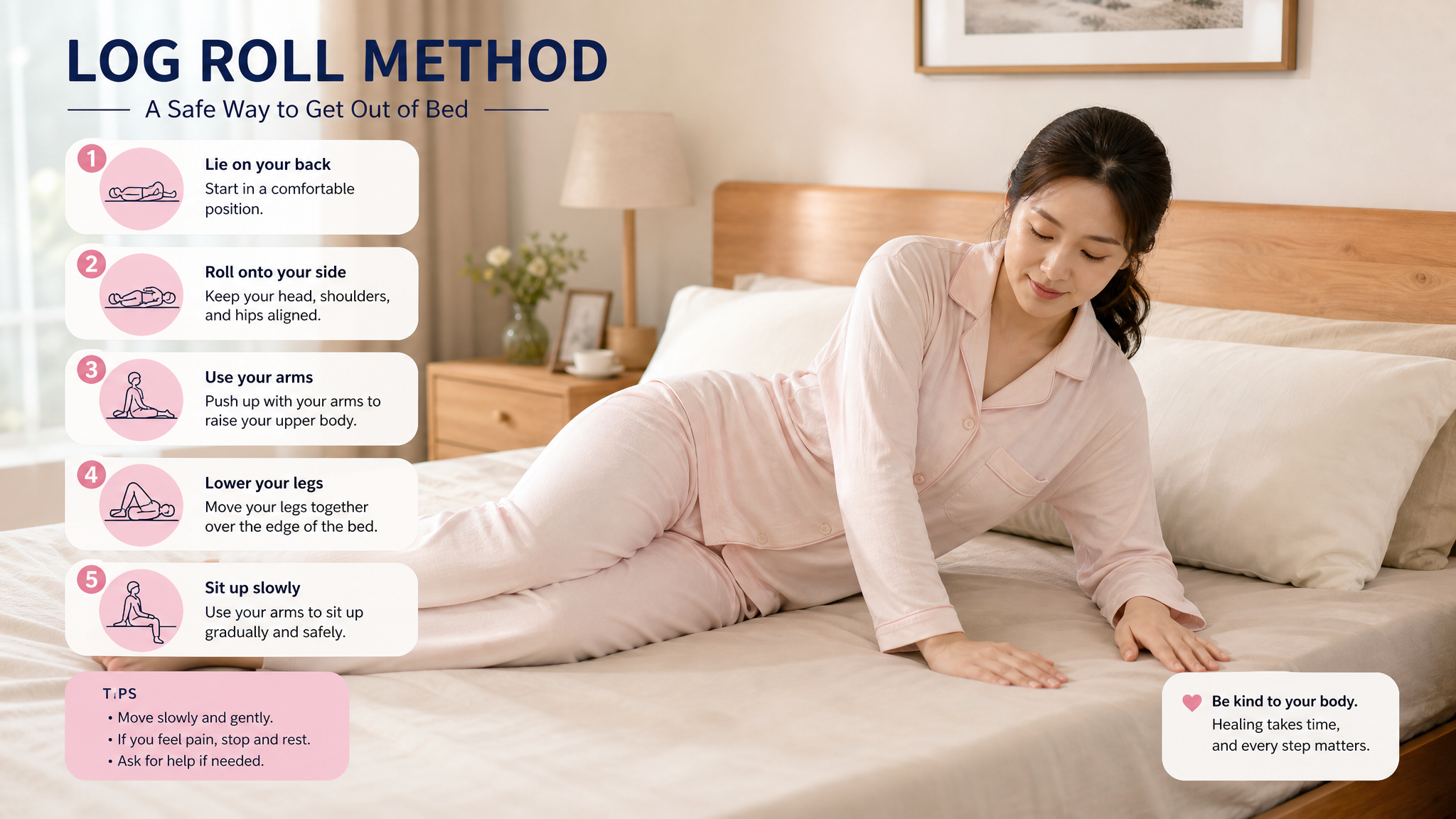 A bright, instructional style photorealistic image of a young Chinese mother safely getting out of bed using the 