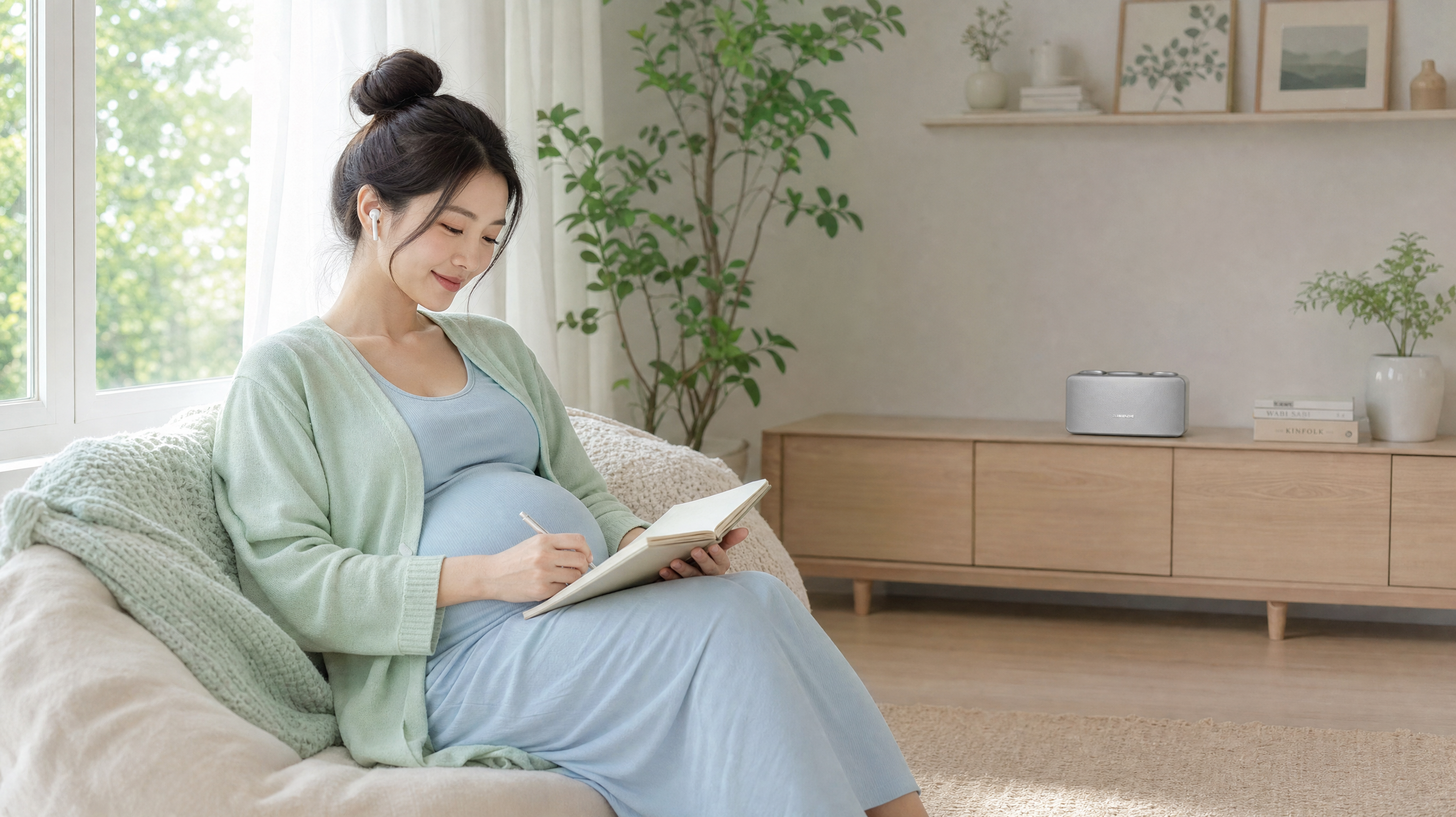 A beautiful Chinese pregnant woman sitting by a bright window in a cozy room, wearing light mint green and pale blue comfortable clothes. She is listening to music from a speaker placed a meter away, writing in a beautiful journal with a gentle smile. Soft natural summer light, minimalist and healing style, high quality, 8k resolution, photorealistic, Midjourney v6.