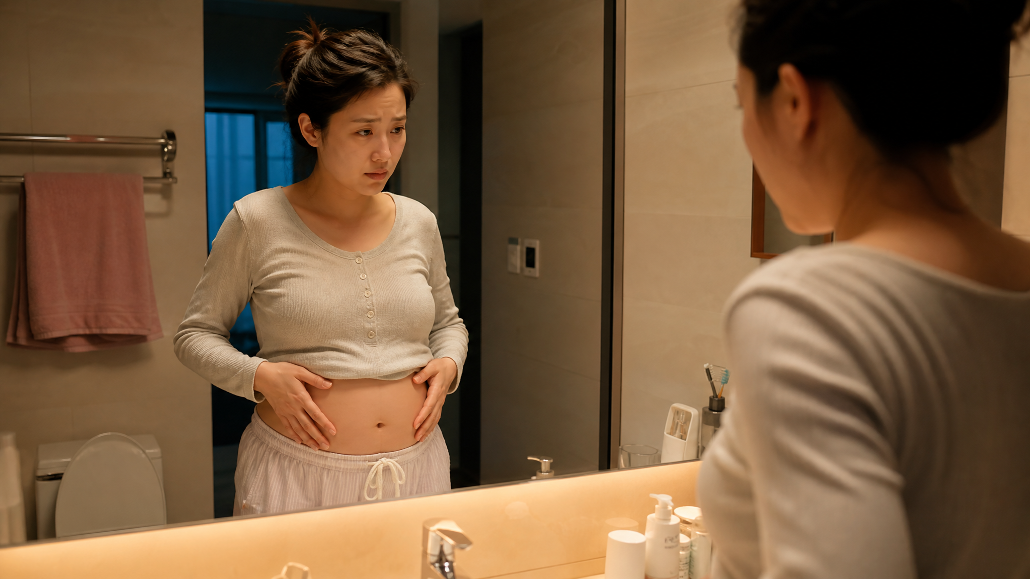 A photorealistic image of a tired young Chinese mother standing in front of a bathroom mirror, wearing comfortable home clothes, gently touching her postpartum belly with a slightly anxious expression. Warm indoor lighting, soft shadows, high quality, 8k resolution, cinematic lighting.