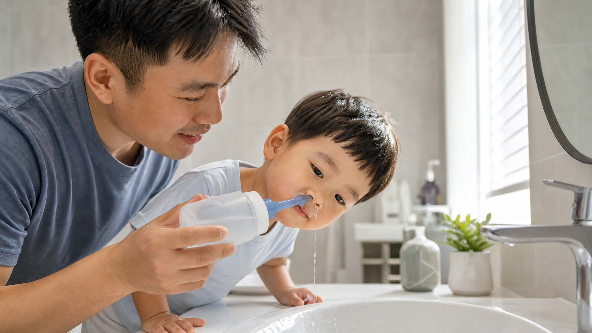 A loving Chinese father helping his 3-year-old child do a nasal wash in a brightly lit, modern bathroom. The child is leaning slightly forward over the sink, head tilted. The father is gently holding a saline nasal wash bottle. Warm and encouraging atmosphere, soft natural light, photorealistic, highly detailed, 8k. --ar 3:4