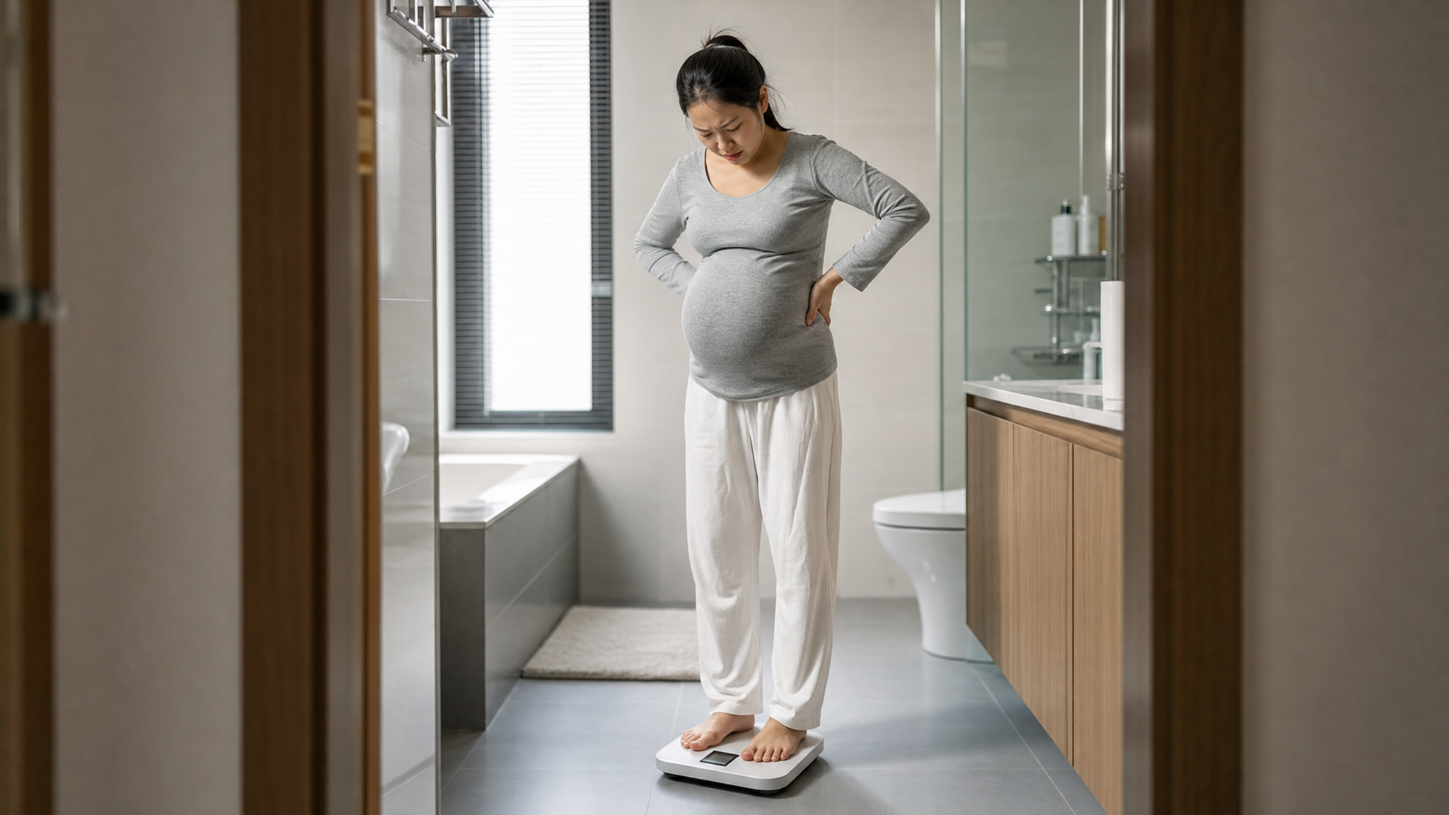 A photorealistic image of a young Chinese pregnant woman looking slightly frustrated while standing on a bathroom scale, wearing comfortable home clothes. The lighting is soft and natural, emphasizing a realistic and relatable home environment. High quality, 8k resolution, cinematic lighting.