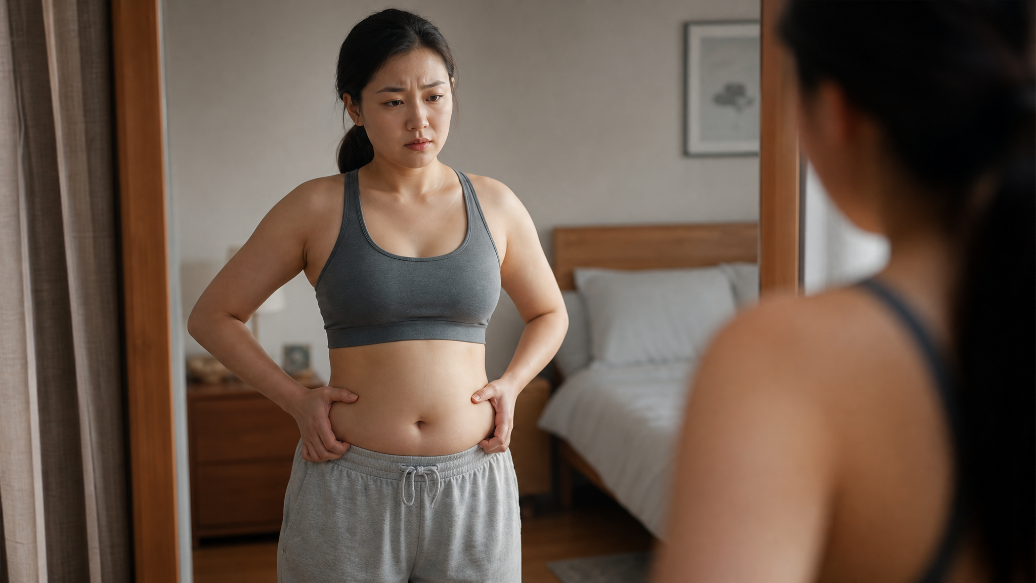 A photorealistic image of a young Chinese mother standing in front of a mirror in a cozy bedroom, looking slightly concerned about her waistline. Soft natural lighting coming from a window, warm and empathetic atmosphere. High quality, 8k resolution, cinematic lighting, shot on 35mm lens.