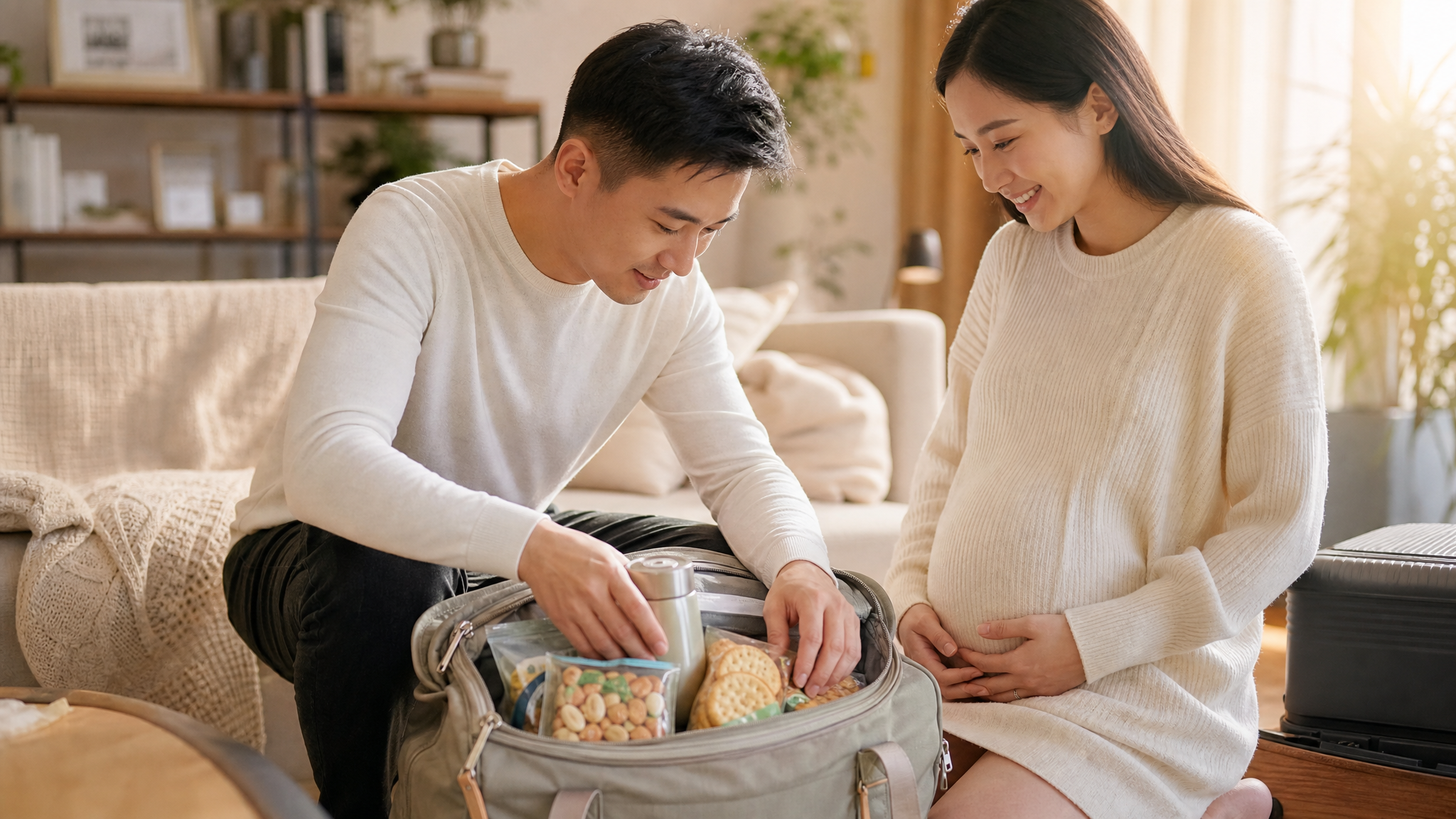 A caring young Chinese husband packing a stylish travel backpack for his pregnant wife. The bag contains a thermos cup, small packets of nuts, and biscuits. The cozy living room background is slightly blurred. Warm sunlight streaming through the window, heartwarming atmosphere, photorealistic, highly detailed. --ar 3:4