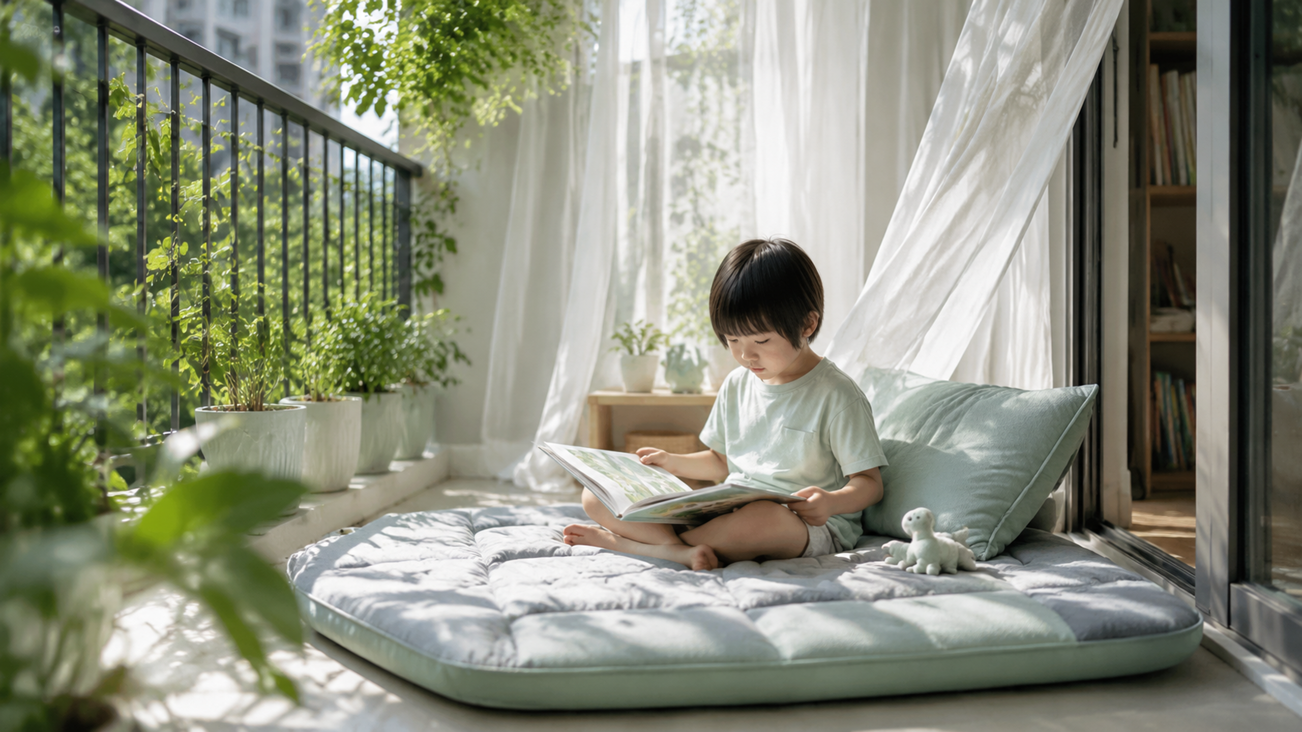 A cute Chinese 4-year-old child sitting on a comfo