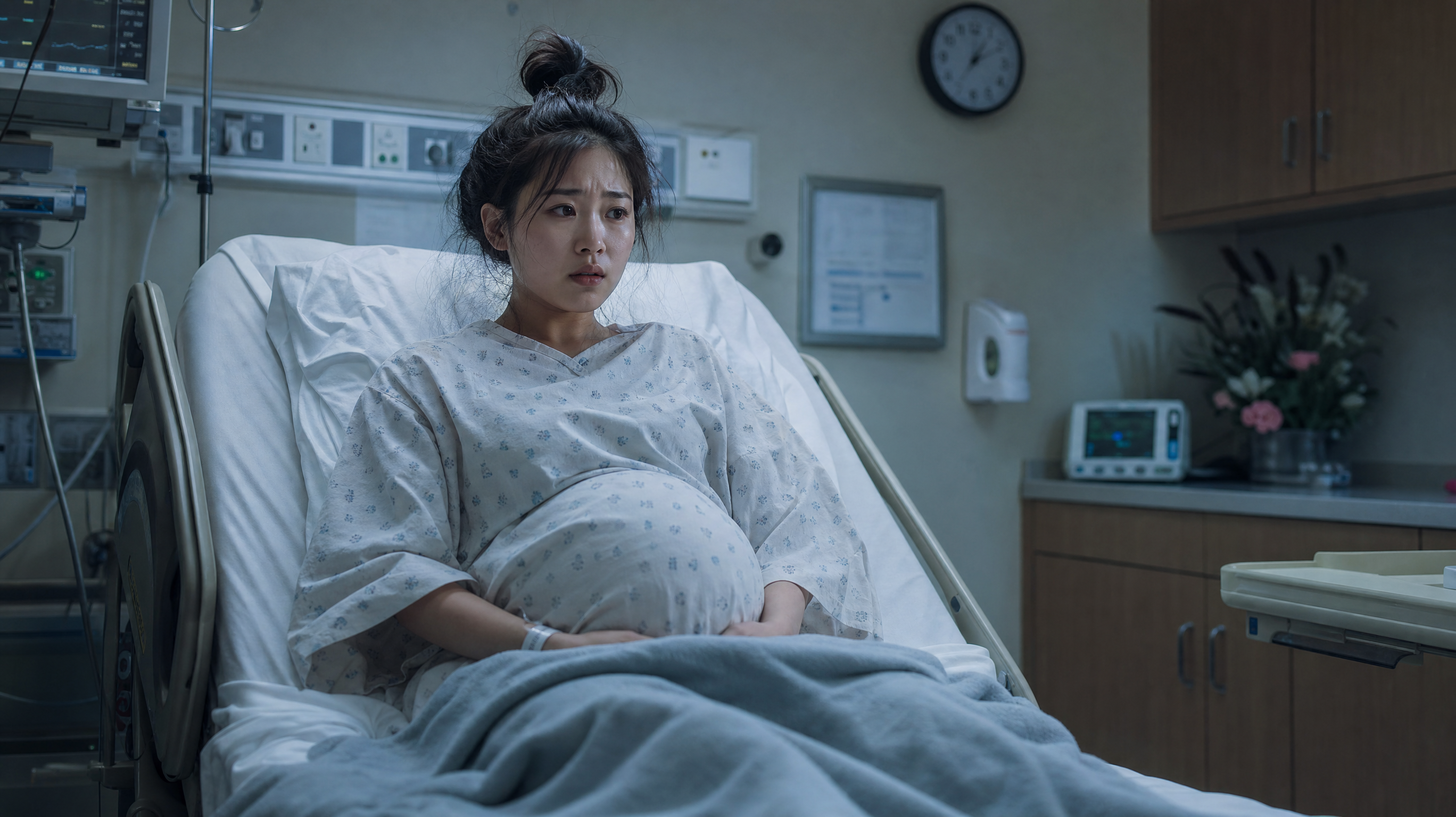 A hyper-realistic photography of a young Chinese pregnant woman in a modern delivery room, wearing a hospital gown. She is slightly shivering, looking a bit nervous, with a thin blanket covering her legs. Soft cool-toned hospital lighting, cinematic lighting, highly detailed, 8k resolution, shot on 35mm lens.