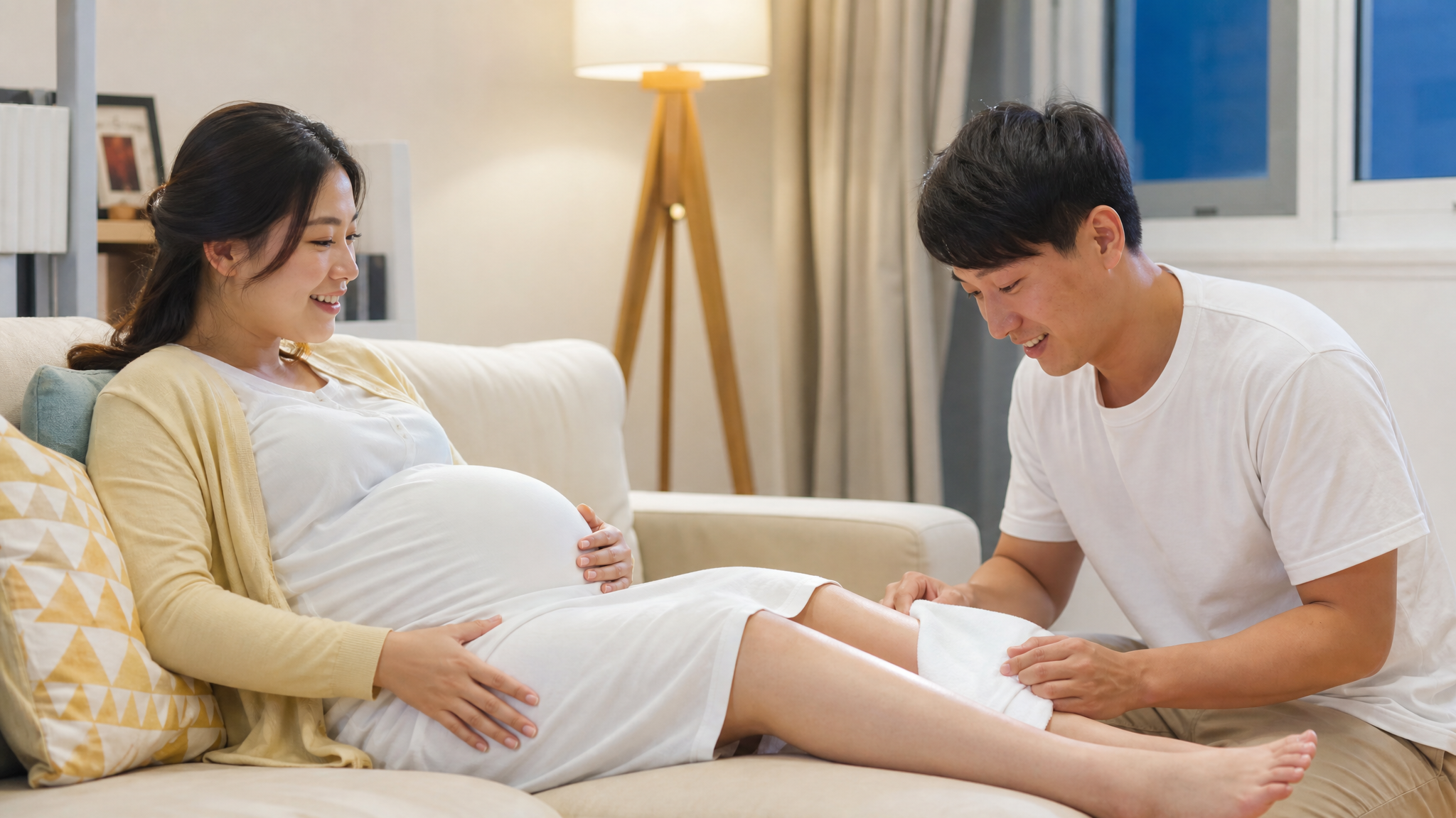 A heartwarming photorealistic image of a Chinese husband gently applying a cold compress towel to his pregnant wife's lower legs. The wife is sitting comfortably on a sofa, smiling. Warm, loving home atmosphere, soft lighting, highly detailed, 8k, photorealistic.