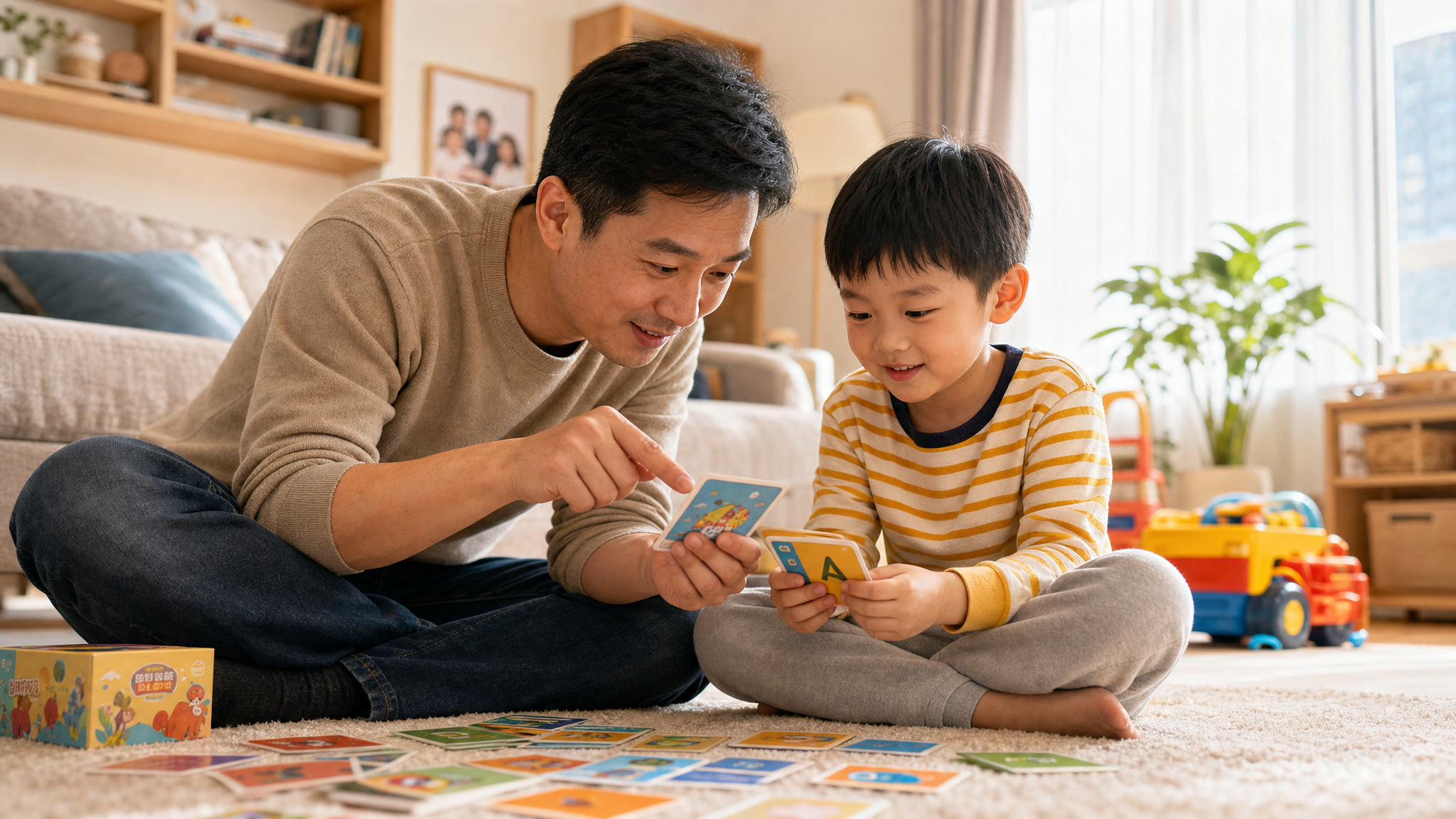 A warm and well-lit living room, a Chinese father and his 5-year-old son are sitting on a cozy rug, playing a card game together. The father is smiling and pointing at a colorful card, the boy is looking at the card with a focused and happy expression. Soft natural light, high quality, photorealistic, 8k resolution, warm tones, family bonding. --ar 3:4