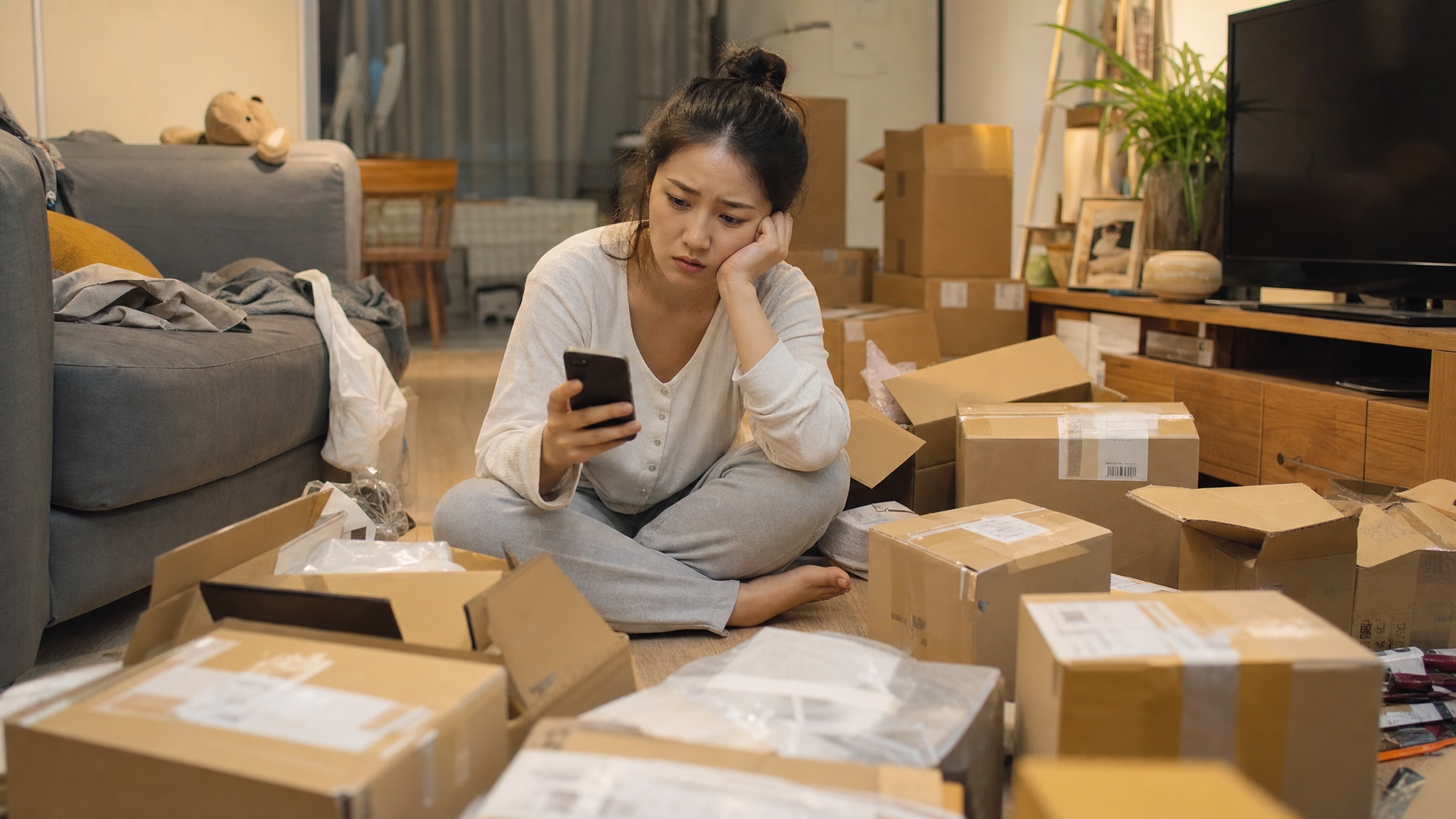 A young Chinese mother sitting on the living room