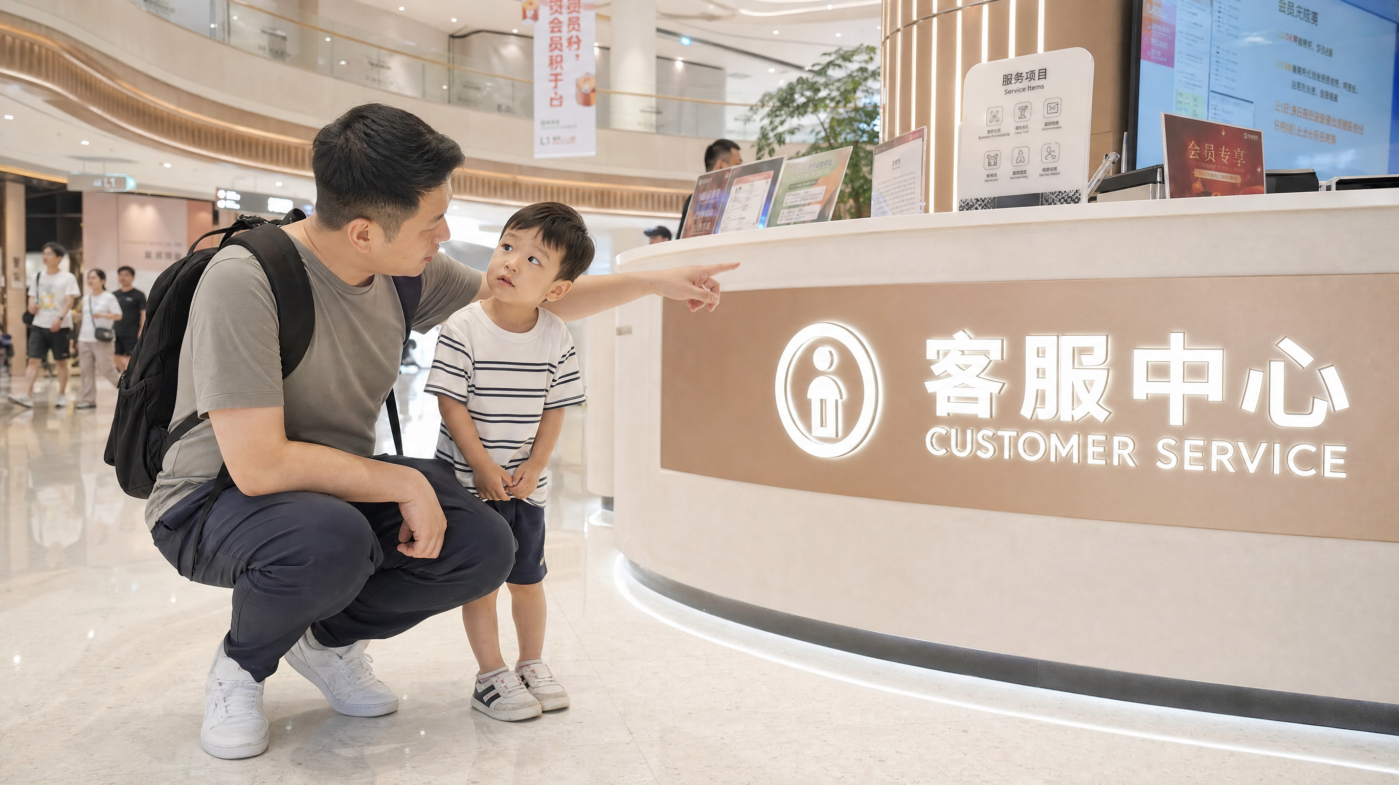 A heartwarming scene in a bright Chinese shopping 