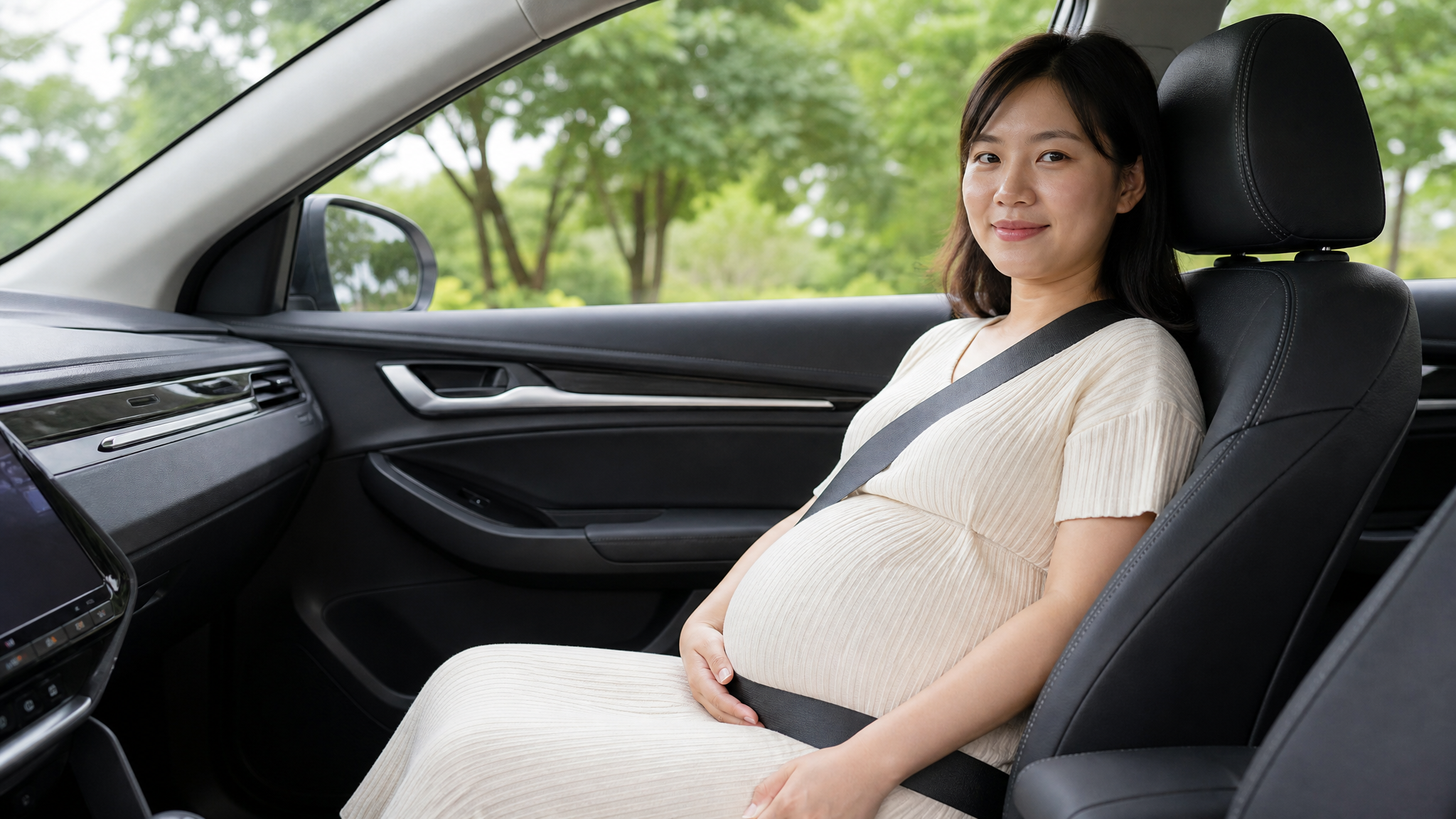 A high-quality instructional photo of a Chinese pregnant woman sitting in the passenger seat of a car, correctly wearing a seatbelt. The shoulder strap crosses her chest, and the lap belt is positioned under her belly, resting on her pelvic bones. She looks comfortable and safe. Natural car interior lighting, clear focus on the seatbelt position, photorealistic, 8k. --ar 16:9