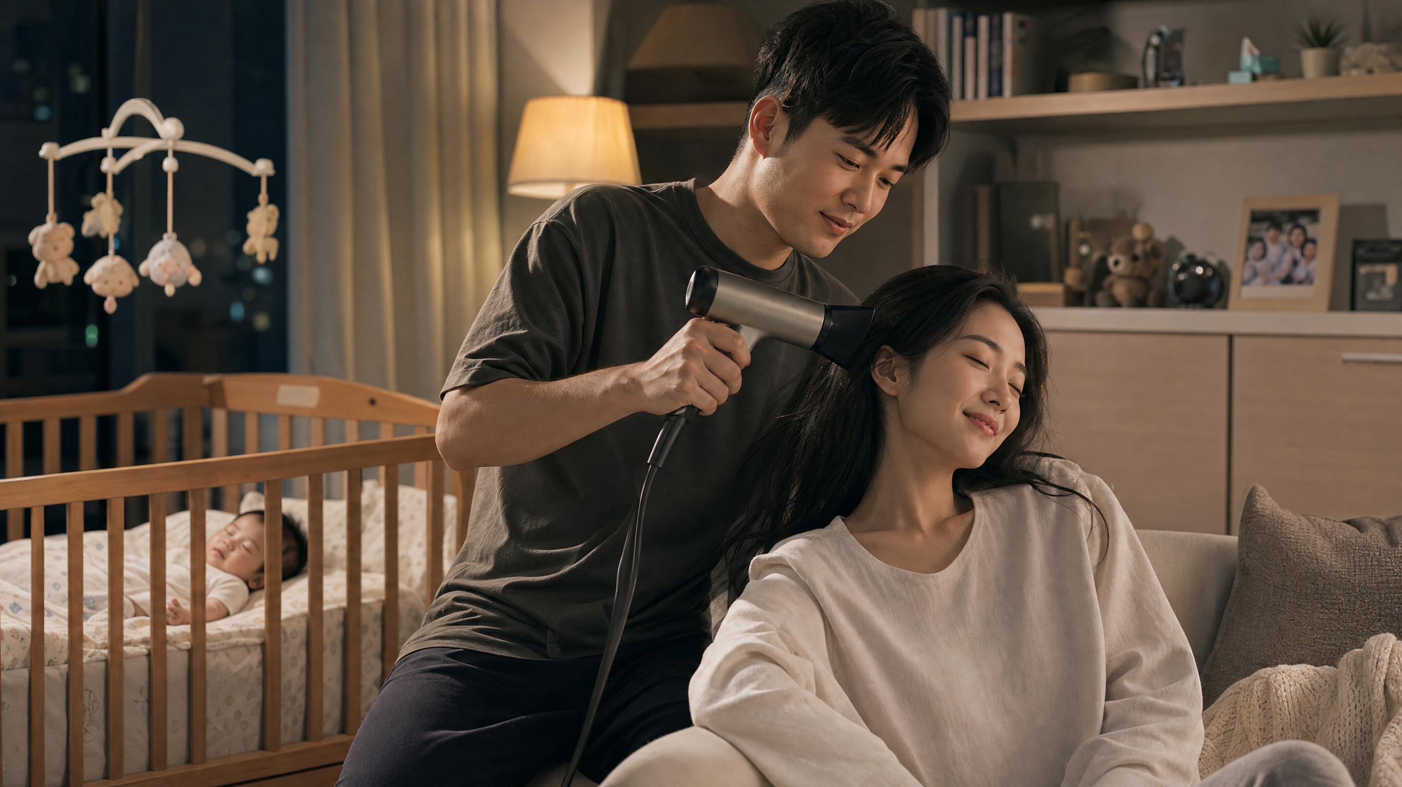 A heartwarming scene in a cozy modern living room. A handsome Chinese father is gently blow-drying his wife's hair. The mother is sitting comfortably, looking relaxed and happy. In the background, a cute sleeping baby is in a crib. Warm indoor lighting, family love, high detail, photorealistic, cinematic composition, Midjourney v6.