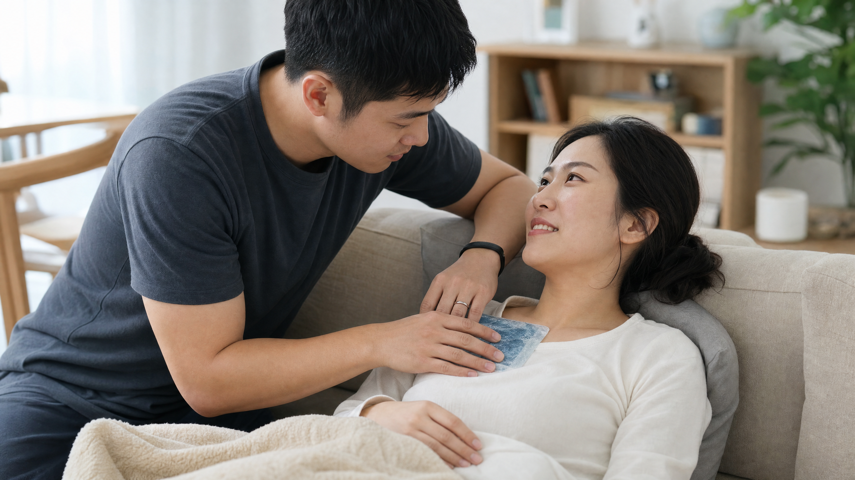A heartwarming scene of a young Chinese father gently placing a cold compress on his wife's chest area over her clothes while she is resting on a sofa. The mother looks relieved and comforted. Cozy modern living room setting, soft natural light, warm and supportive atmosphere, high quality, photorealistic. --ar 3:4