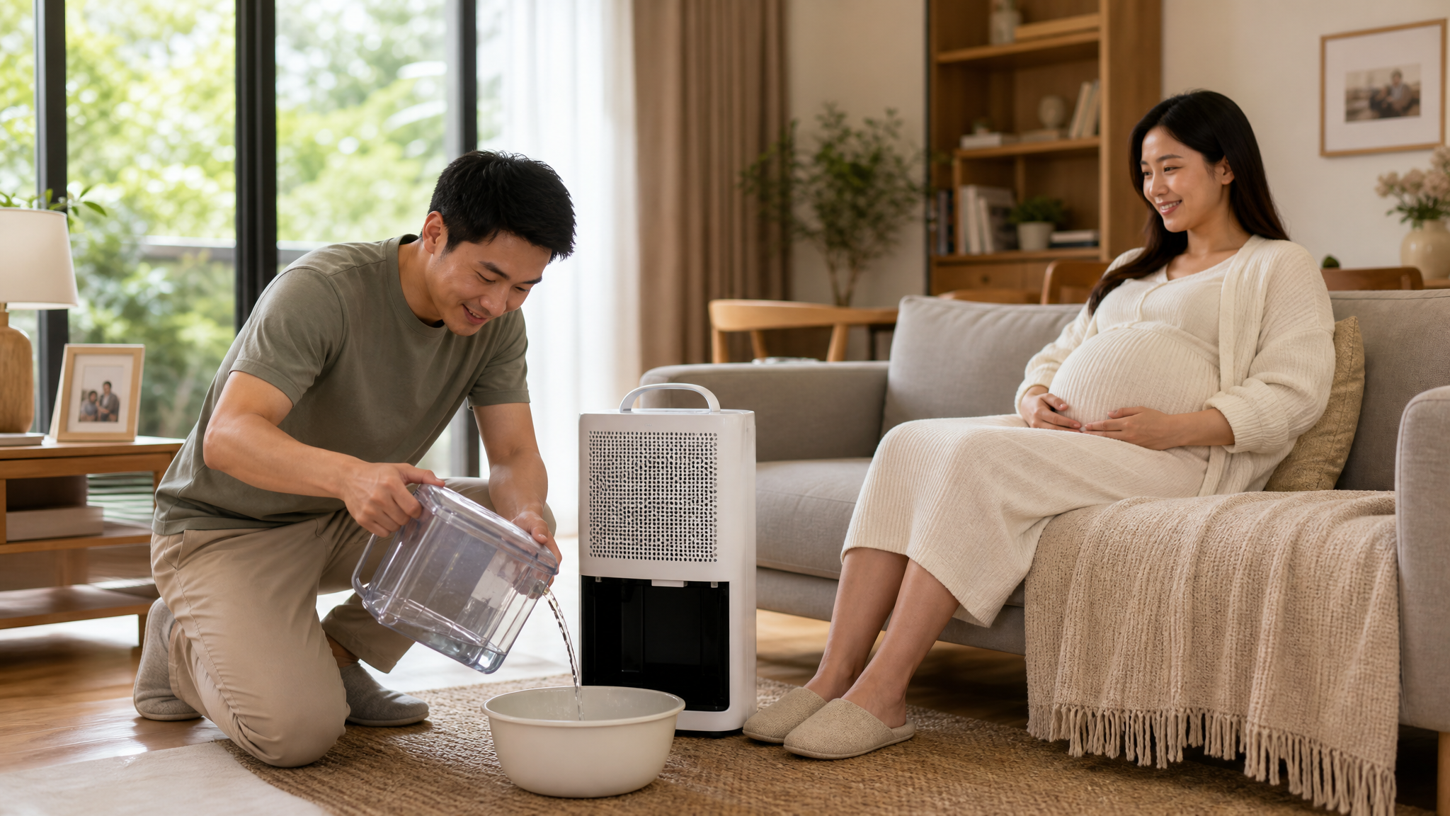 A caring Chinese husband emptying the water tank of a dehumidifier in a cozy modern living room, while his pregnant wife sits comfortably on the sofa smiling at him. Warm natural light, home lifestyle photography, high detail, heartwarming atmosphere, 8k.