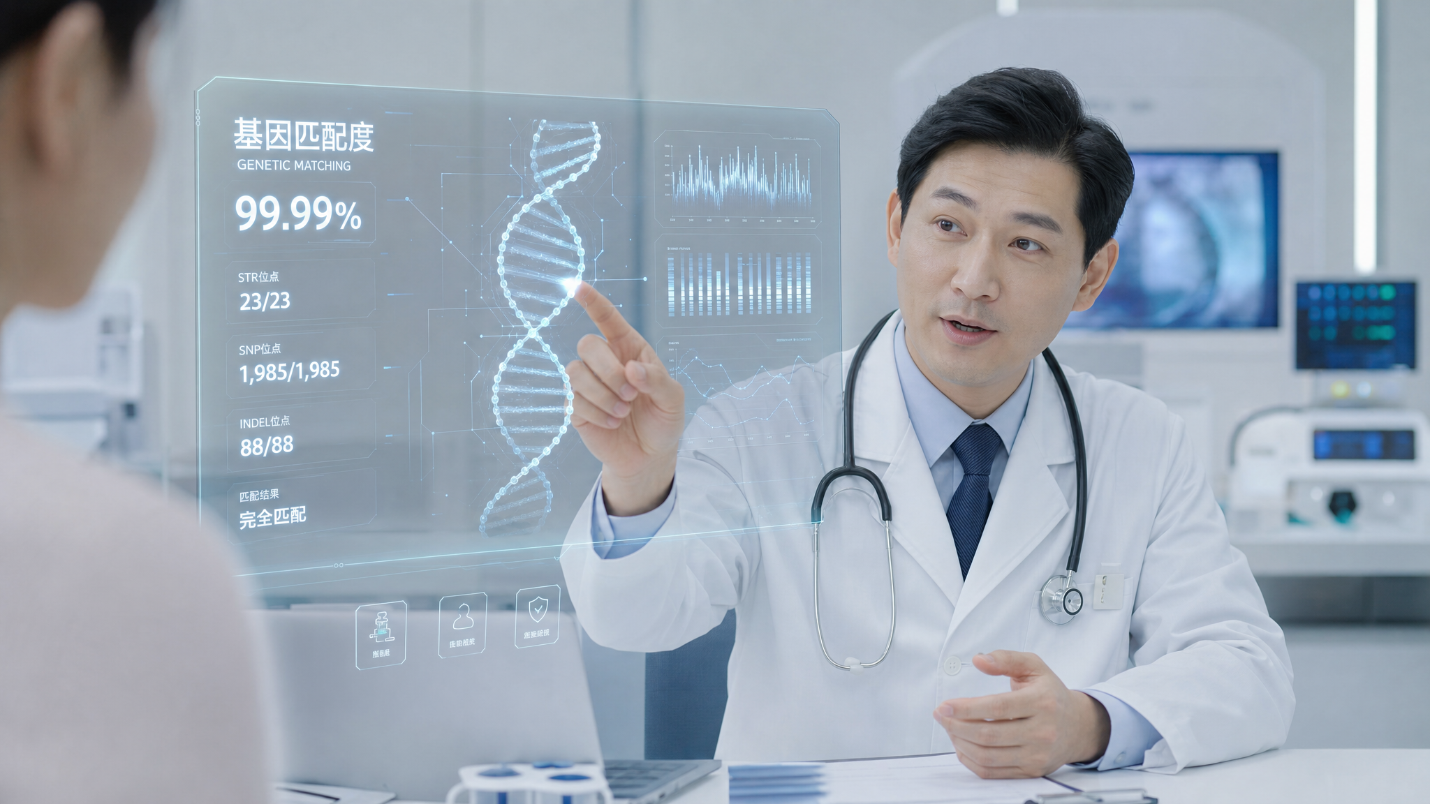 A professional Chinese male doctor in a modern clinic, pointing at a glowing holographic DNA chart showing genetic matching. Clean, low-saturation medical style, bright and reassuring atmosphere, high-tech medical concept, 8k, photorealistic.