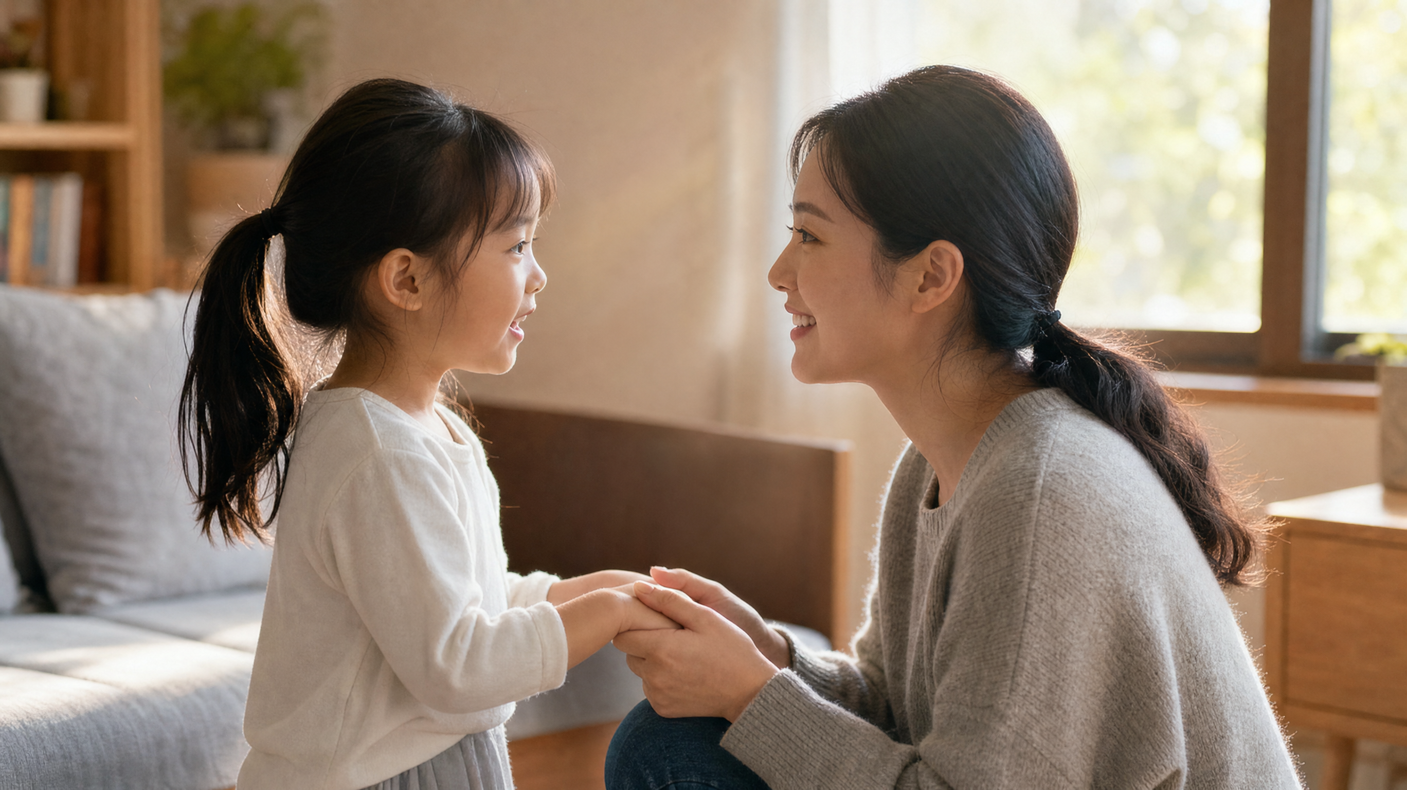 A heartwarming scene of a young Chinese mother kne