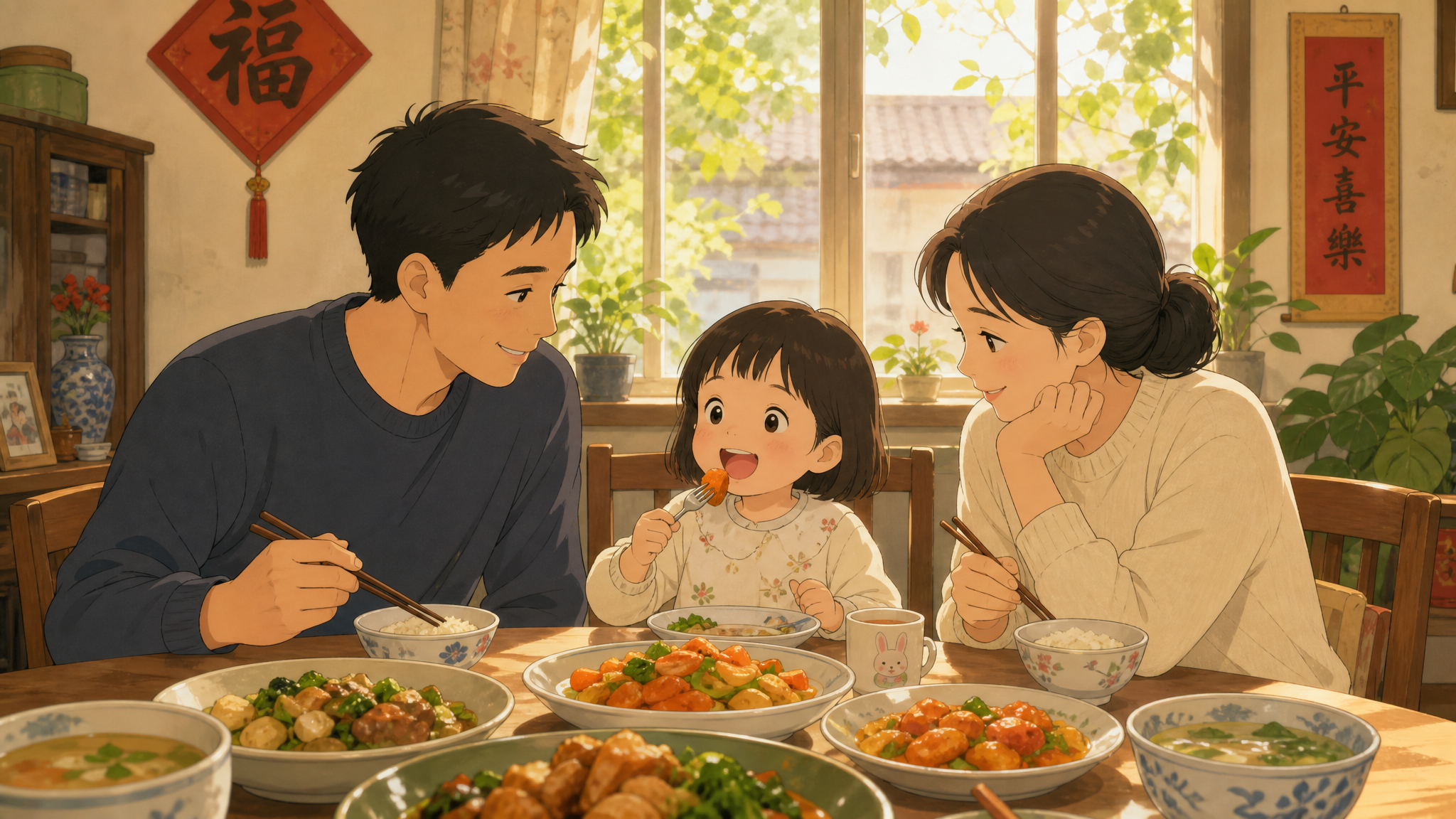 A heartwarming illustration of a Chinese family at