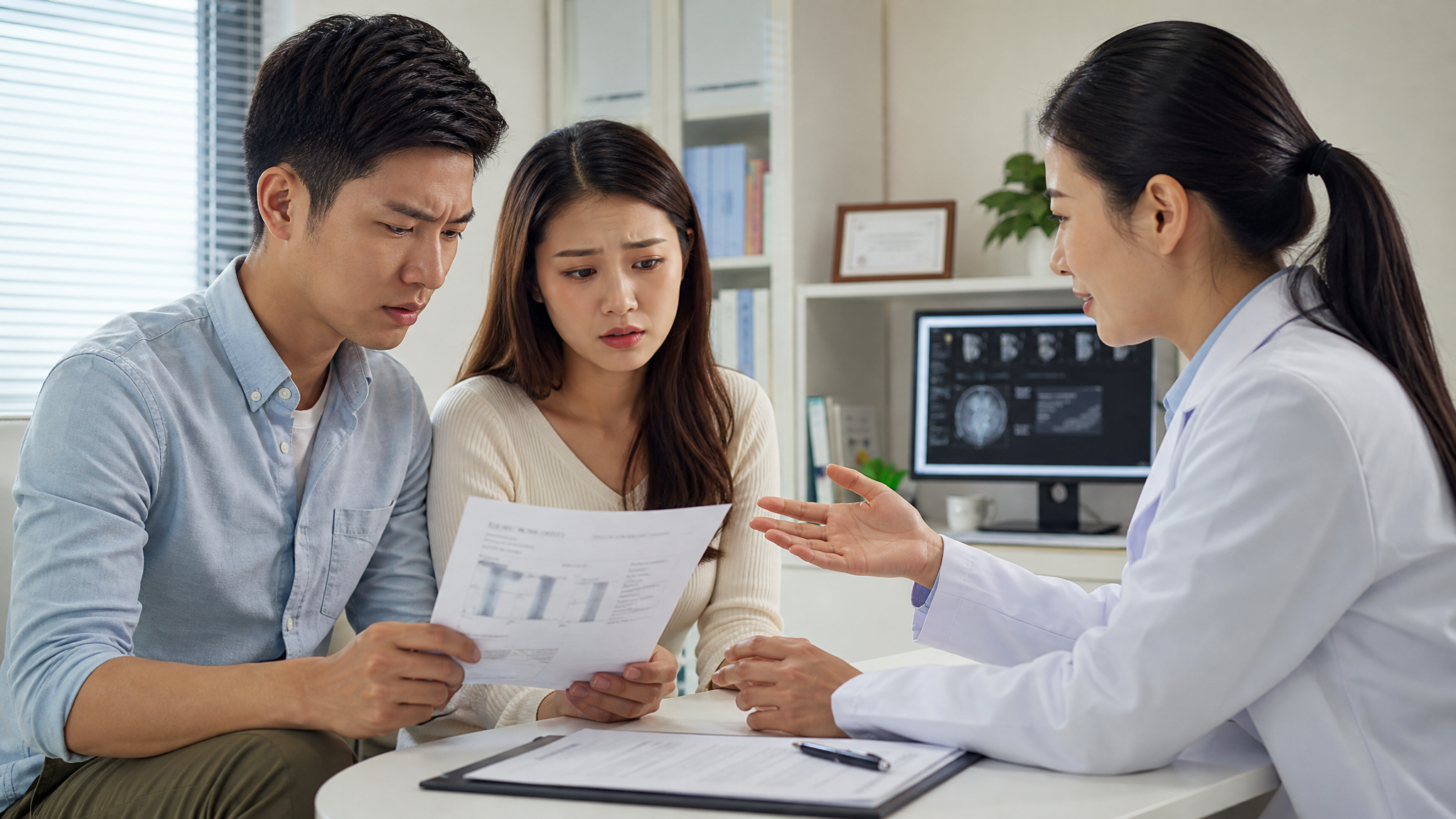 A young Chinese couple sitting in a bright, modern doctor's office, looking slightly confused and concerned while holding a medical report. A friendly Chinese female doctor in a white coat is explaining something to them patiently. Soft natural lighting, realistic photography, 8k resolution, highly detailed, cinematic lighting.