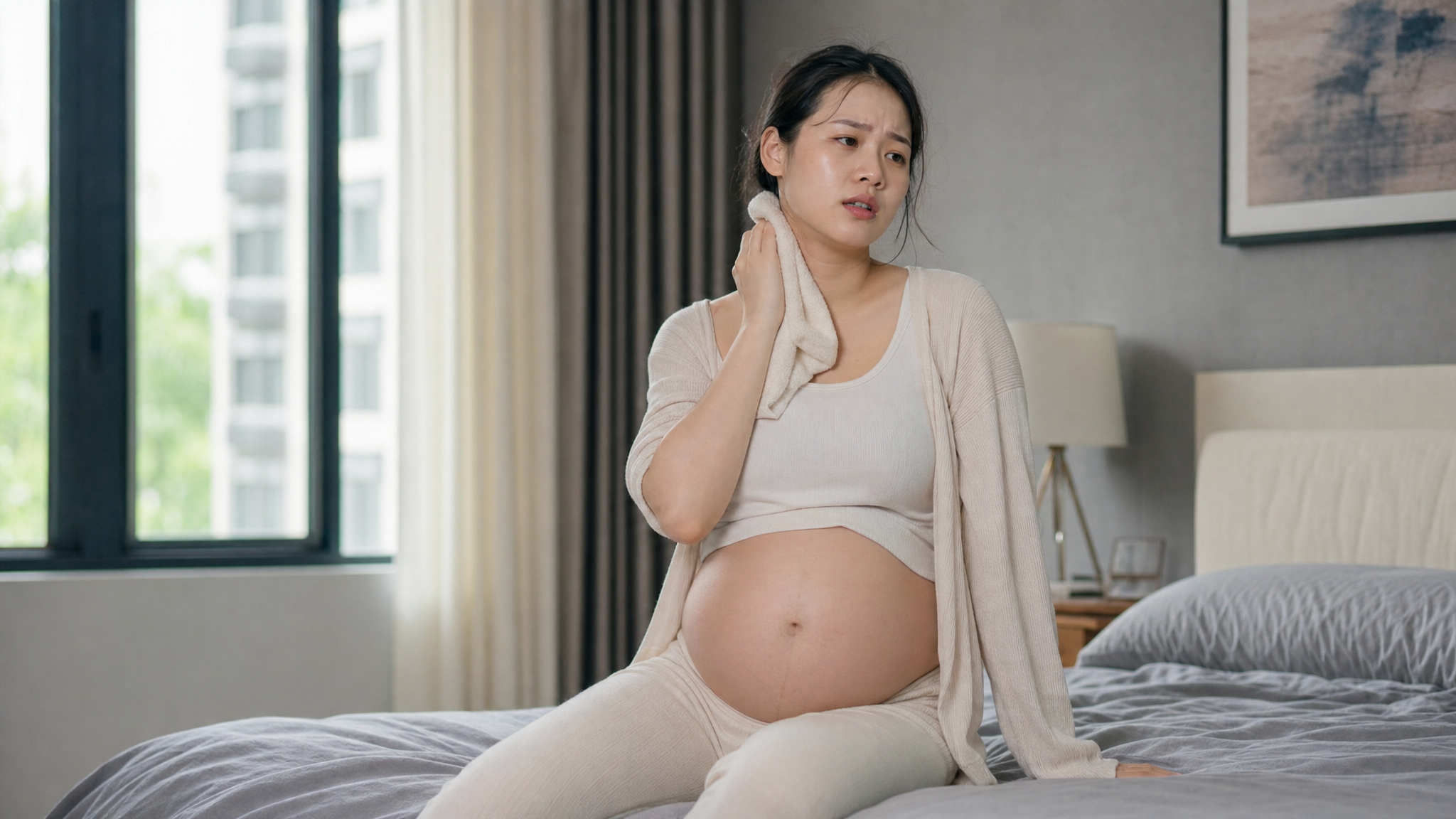 A hyper-realistic photography of a young Chinese pregnant woman in a modern bedroom, looking slightly distressed and wiping sweat from her neck with a soft towel. Summer humid vibe, soft natural window light, wearing comfortable light-colored cotton maternity clothes, high quality, 8k resolution, cinematic lighting.
