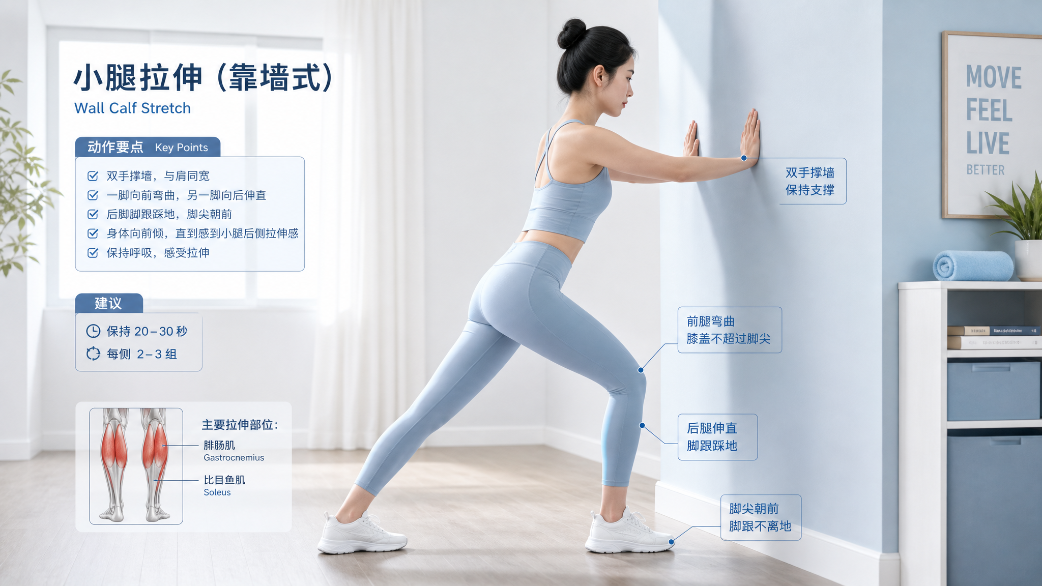 A clean, bright 3D illustration of a young Chinese woman in comfortable home activewear doing a calf stretch against a wall (wall push stretch). She has both hands on the wall, one leg forward bent, the other leg straight back with the heel firmly on the ground. Soft natural lighting, cool blue and white color palette, professional physiotherapy instructional style, highly detailed. --ar 4:3