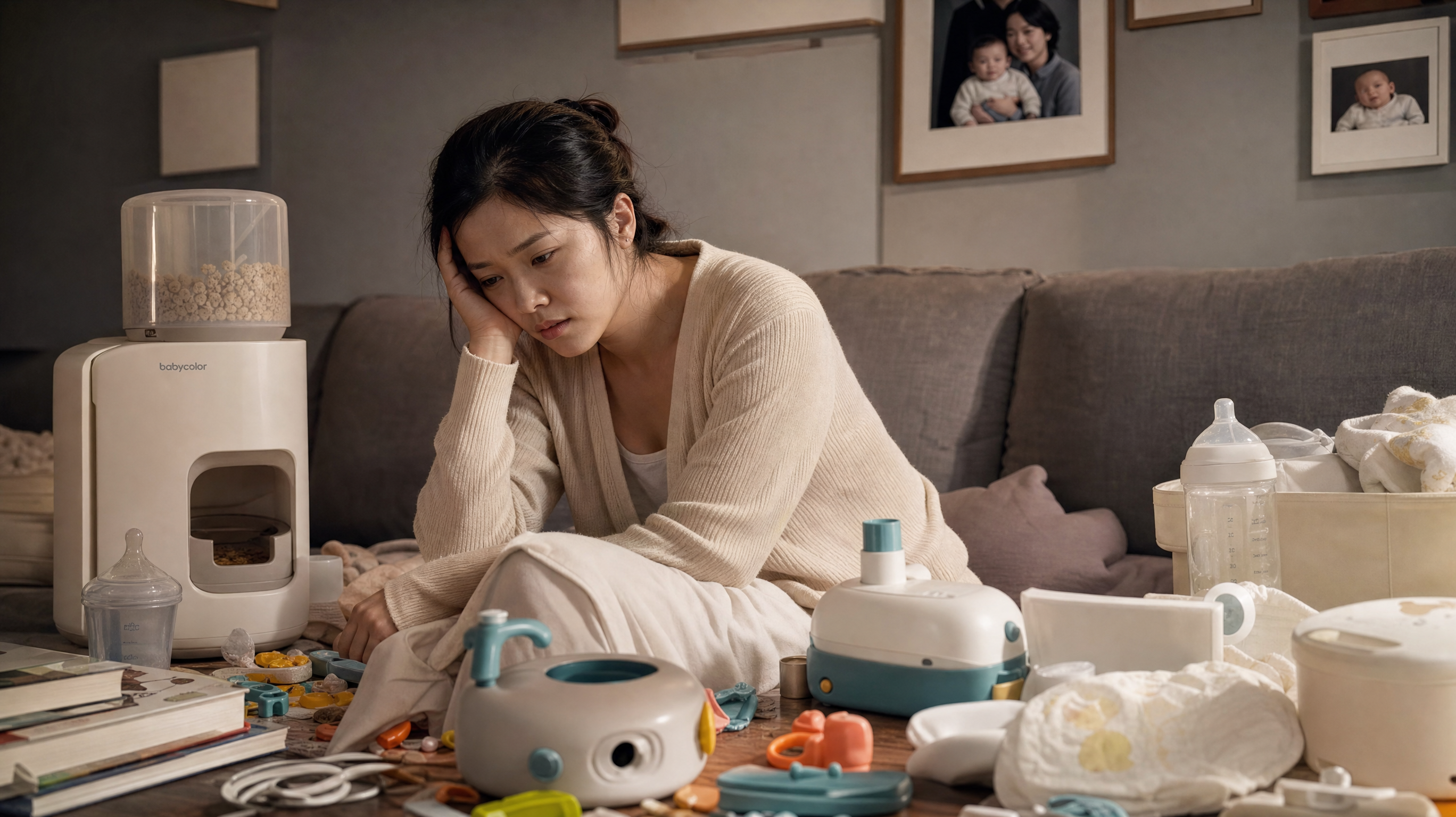 A hyper-realistic shot of an exhausted young Chinese mother sitting on a living room sofa, surrounded by messy baby products like a complex study desk, scattered toy projector parts, and an automatic snack dispenser. Soft warm indoor lighting, cinematic composition, highly detailed, 8k resolution.